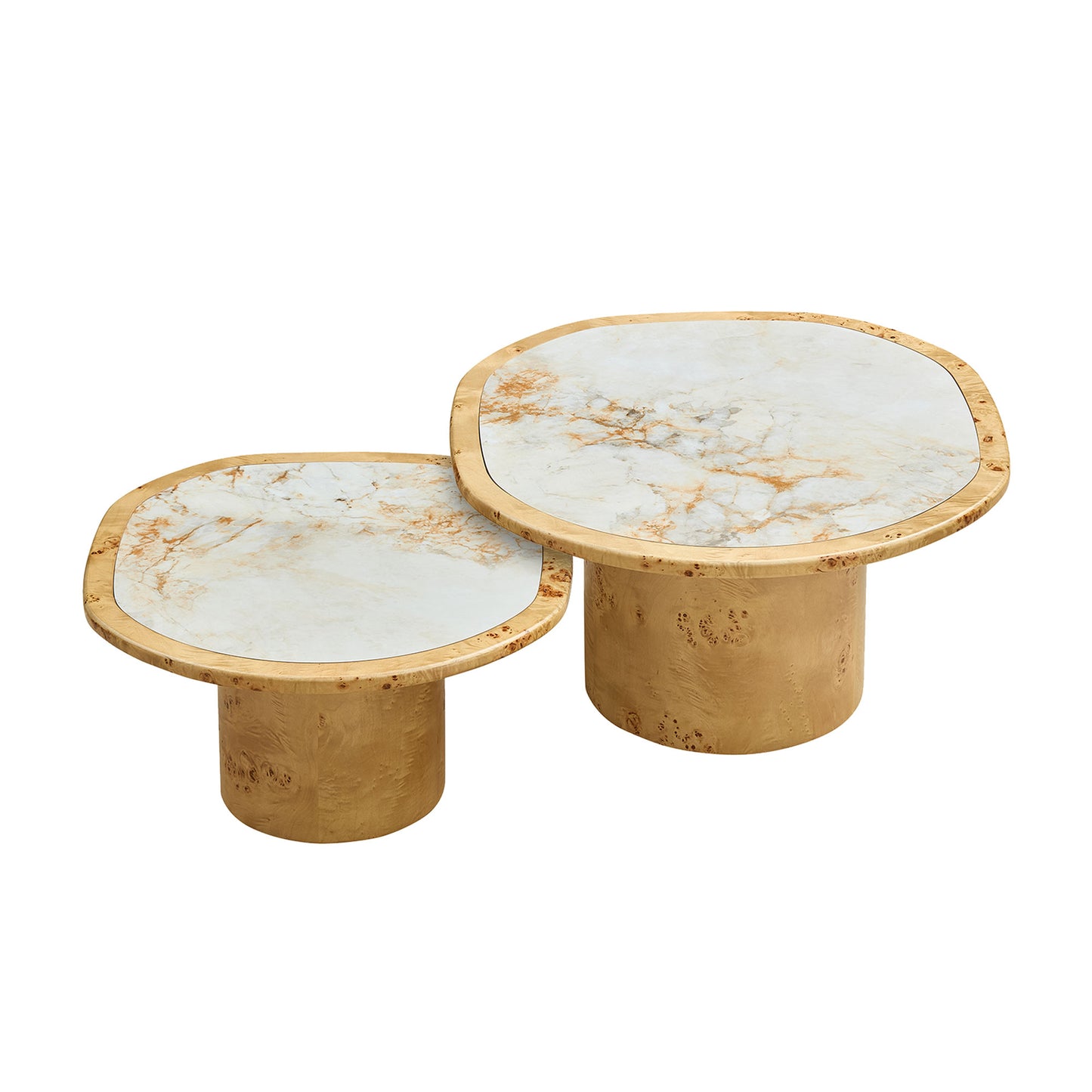 Natural Burl Wood Coffee Table Set - 2-Piece Sintered Stone Top