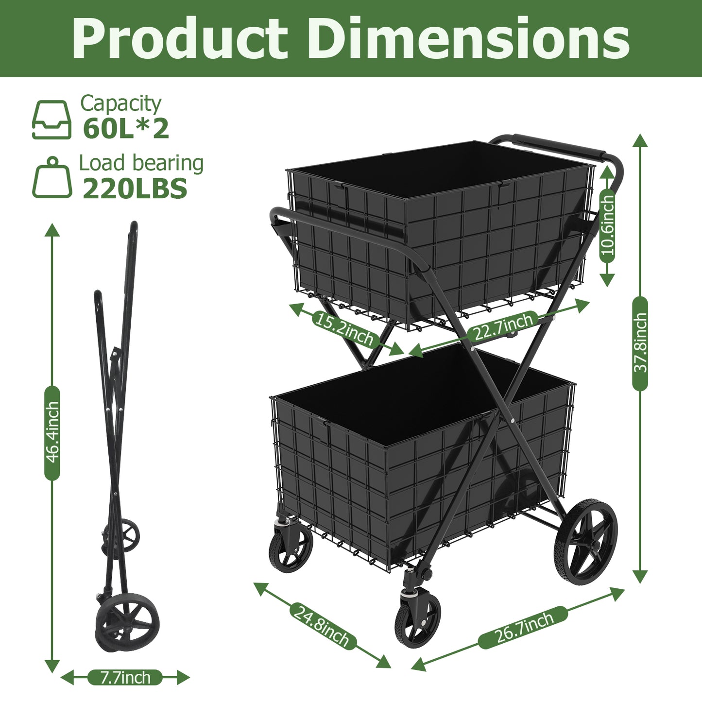 Jumbo Foldable Grocery Cart with Double Baskets - Antique Black