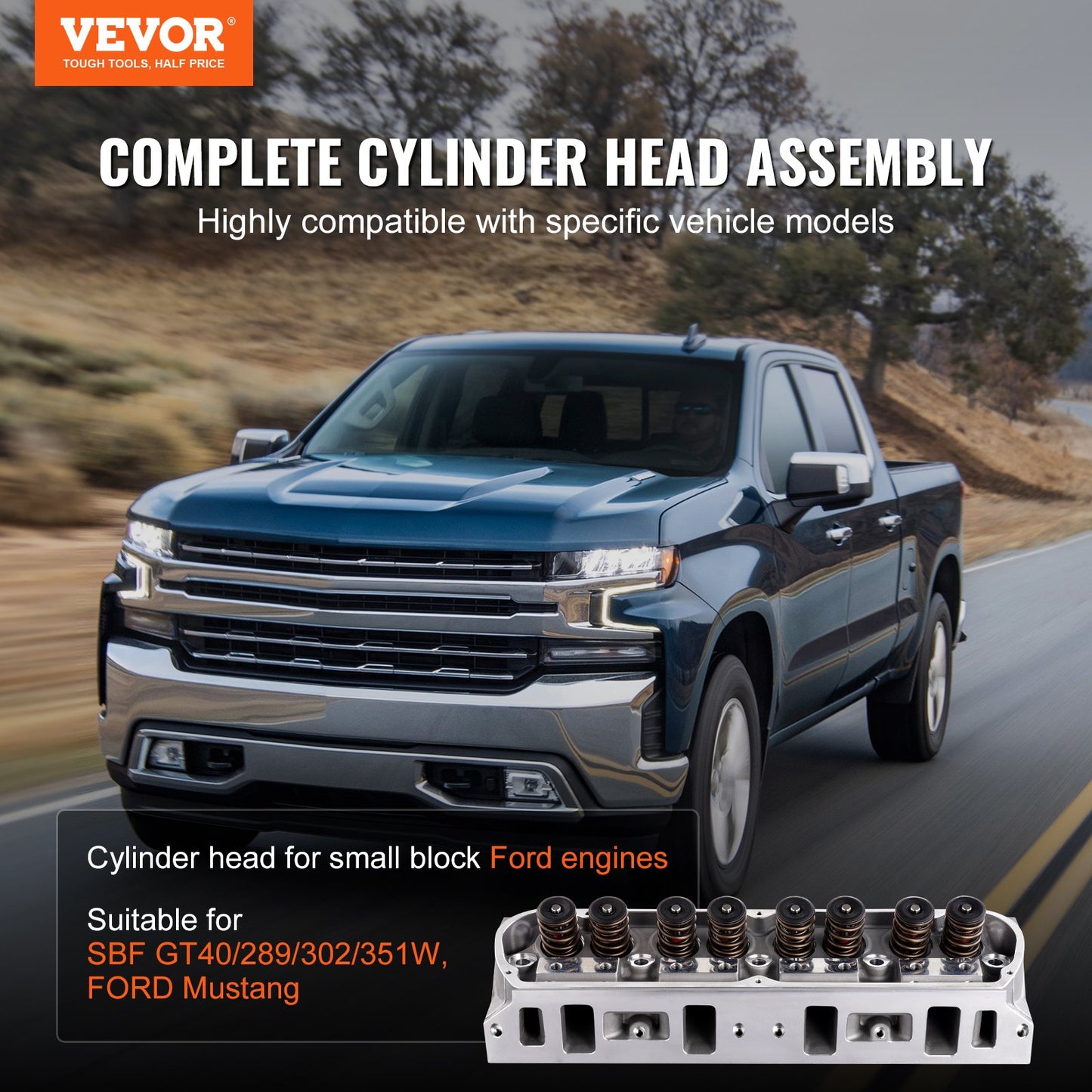 Aluminum Cylinder Head Assembly Replacement for Ford SBF Engines - Silver