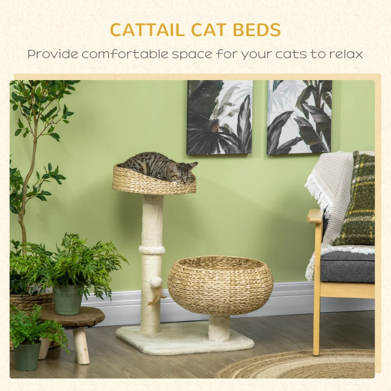 Elevated Cat Bed with Sisal Scratching Post and Toy - Small Modern Cat Tree, Beige Cream