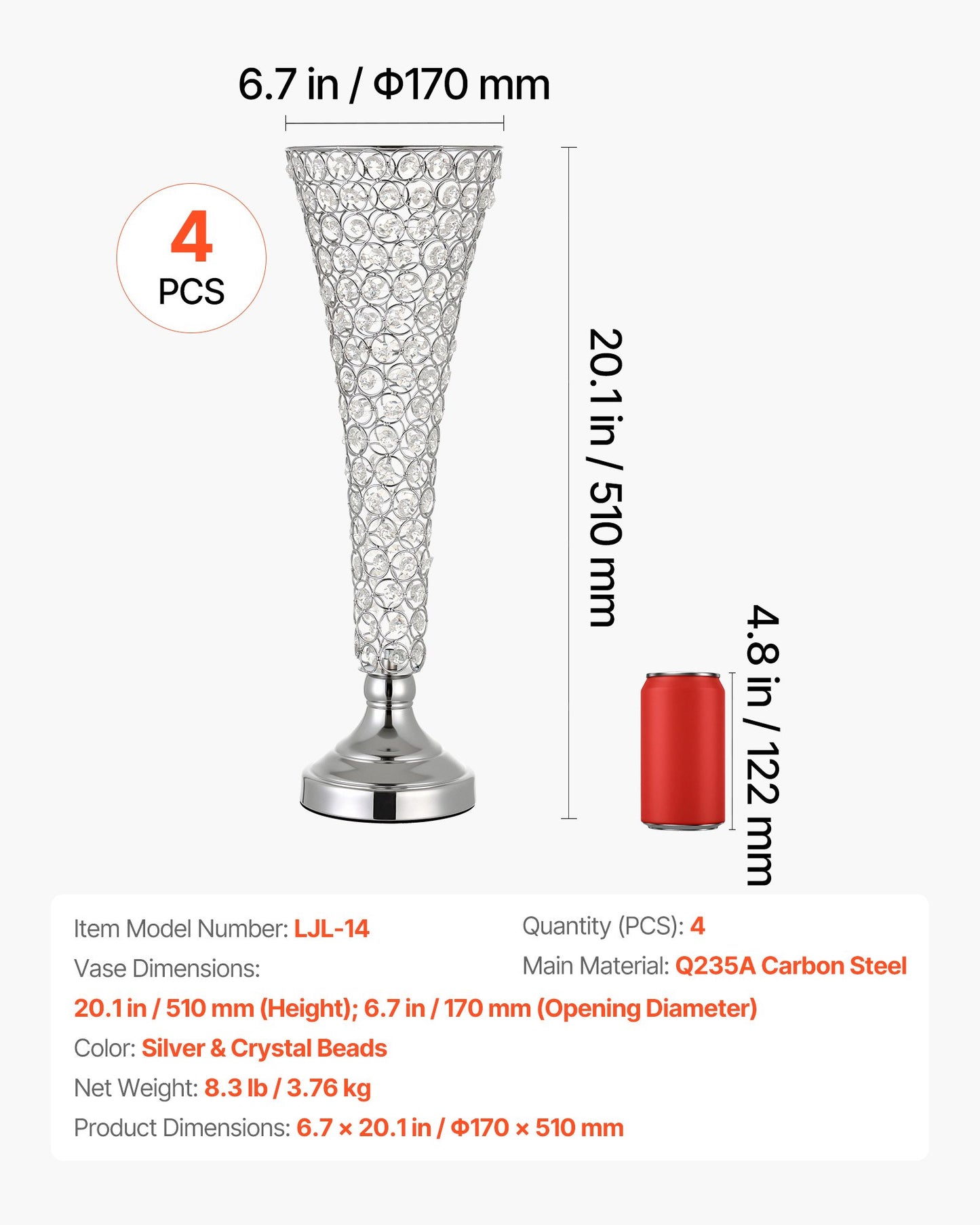 4 Pack Tall Crystal Vase Centerpieces for Weddings & Events - Silver
