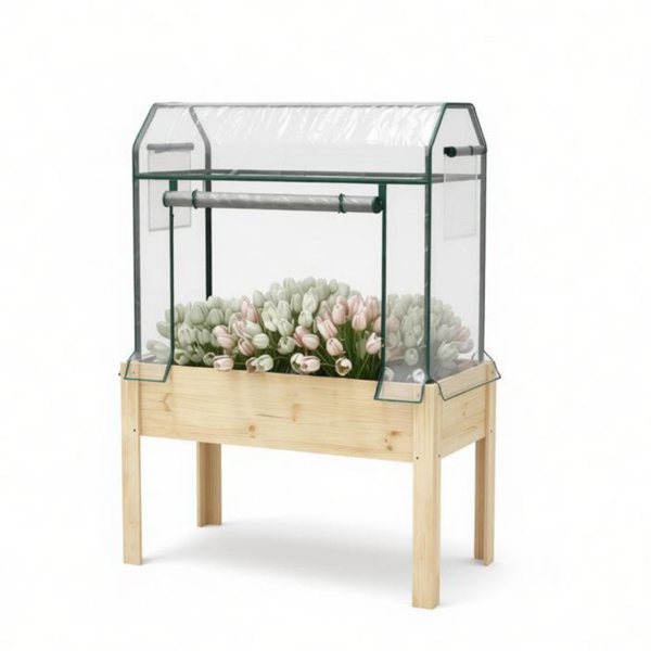 Raised Garden Bed with Cover and Wooden Base - Outdoor Planting Container