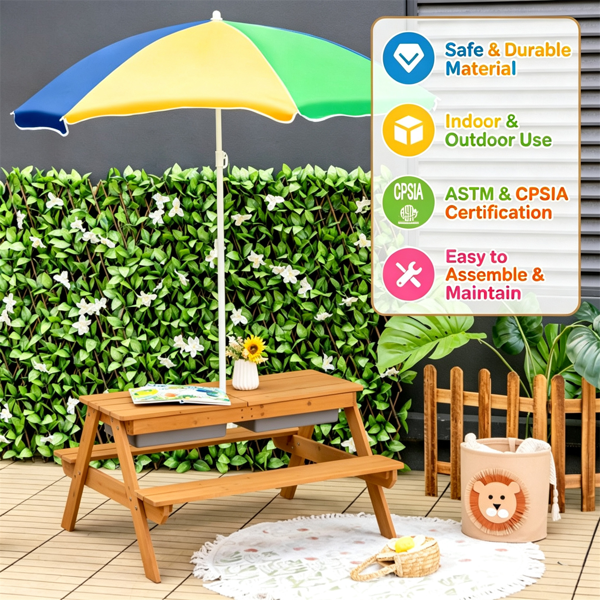 Kids Picnic Table with Adjustable Umbrella - 3-in-1 Sand & Water Play Set