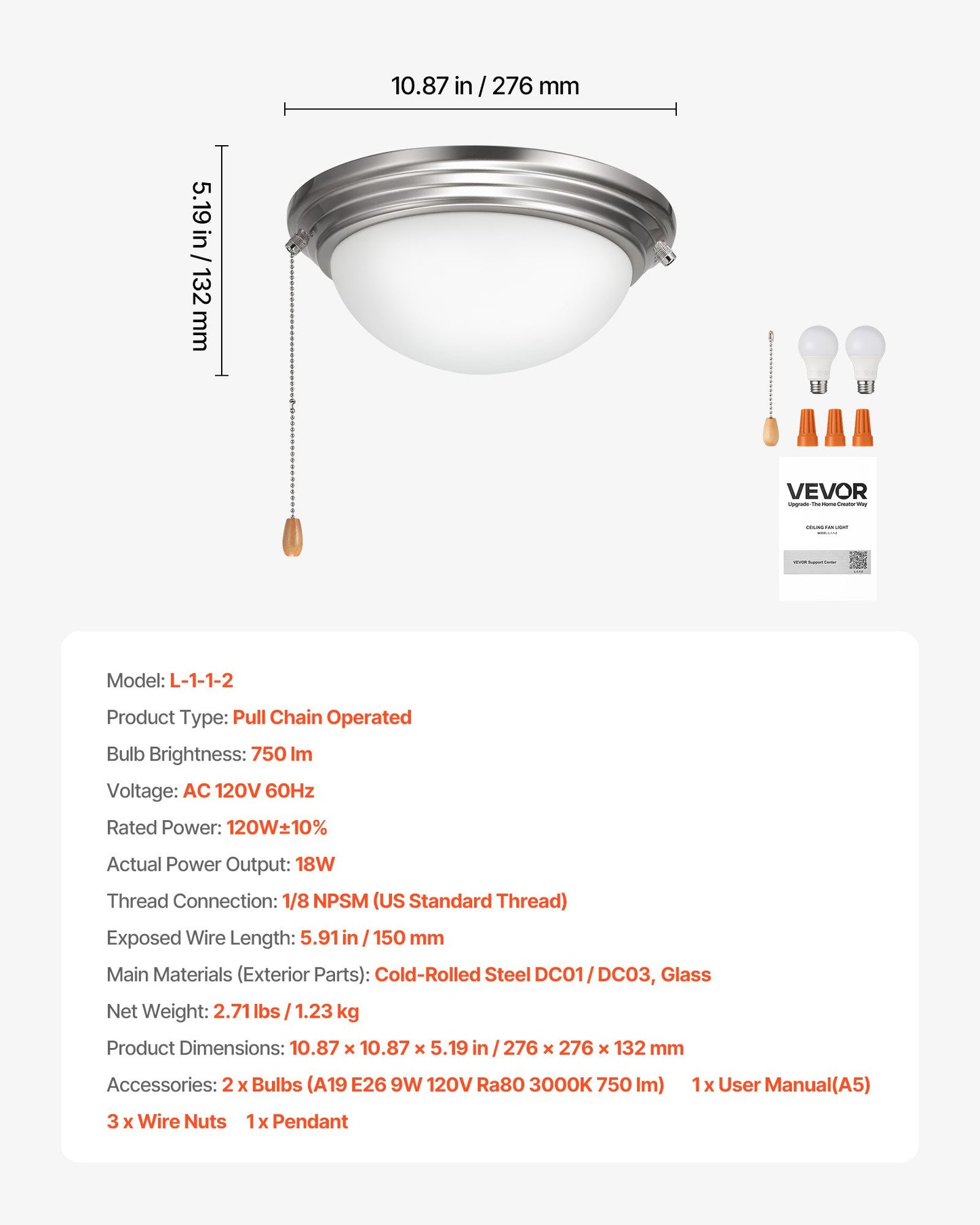 Ceiling Fan Light Kit with 2 LED Bulbs, Frosted Glass Shade, Brushed Nickel Finish