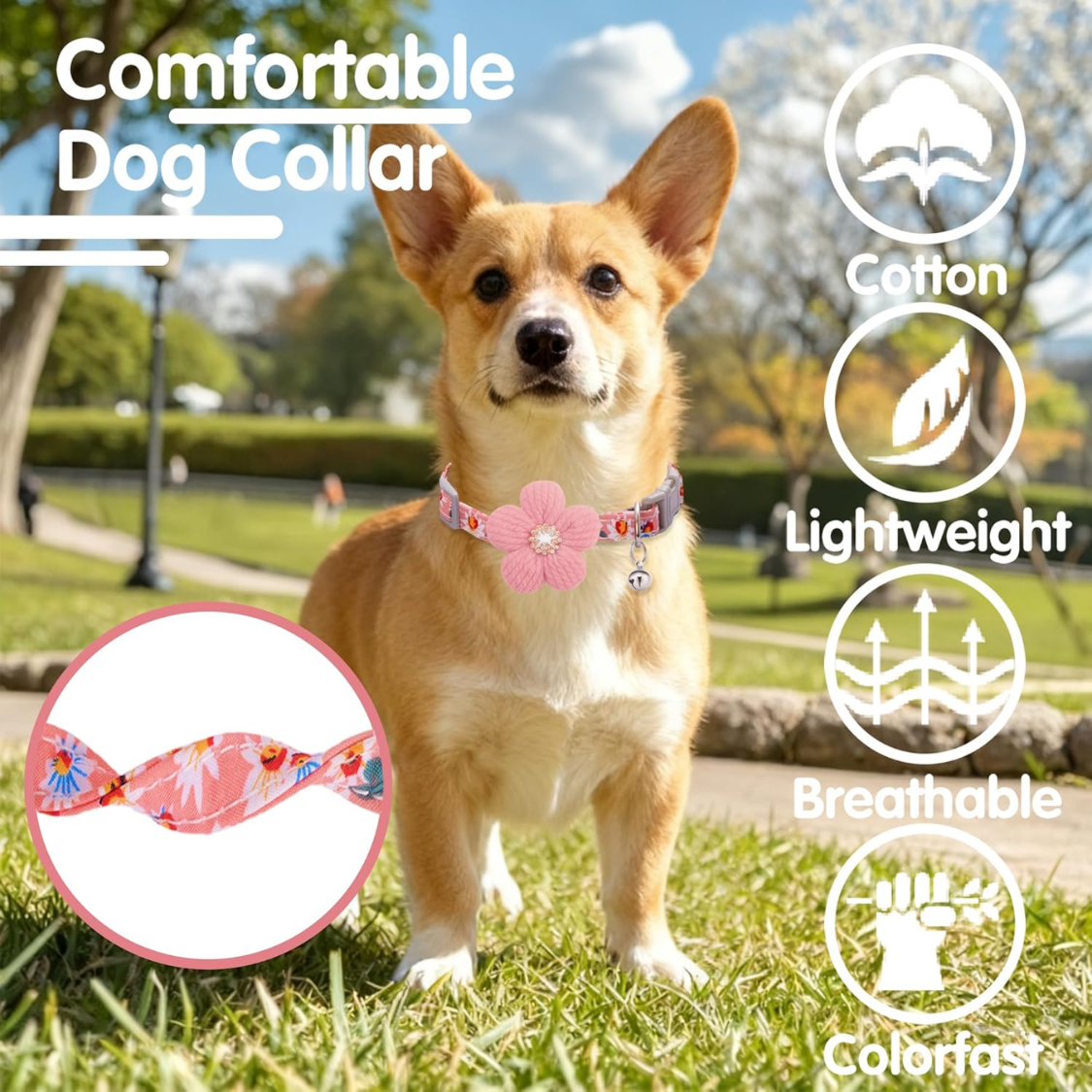 Small Dog Collar with Flower and Bell - Adjustable Spring Pet Necklace for Small Dogs