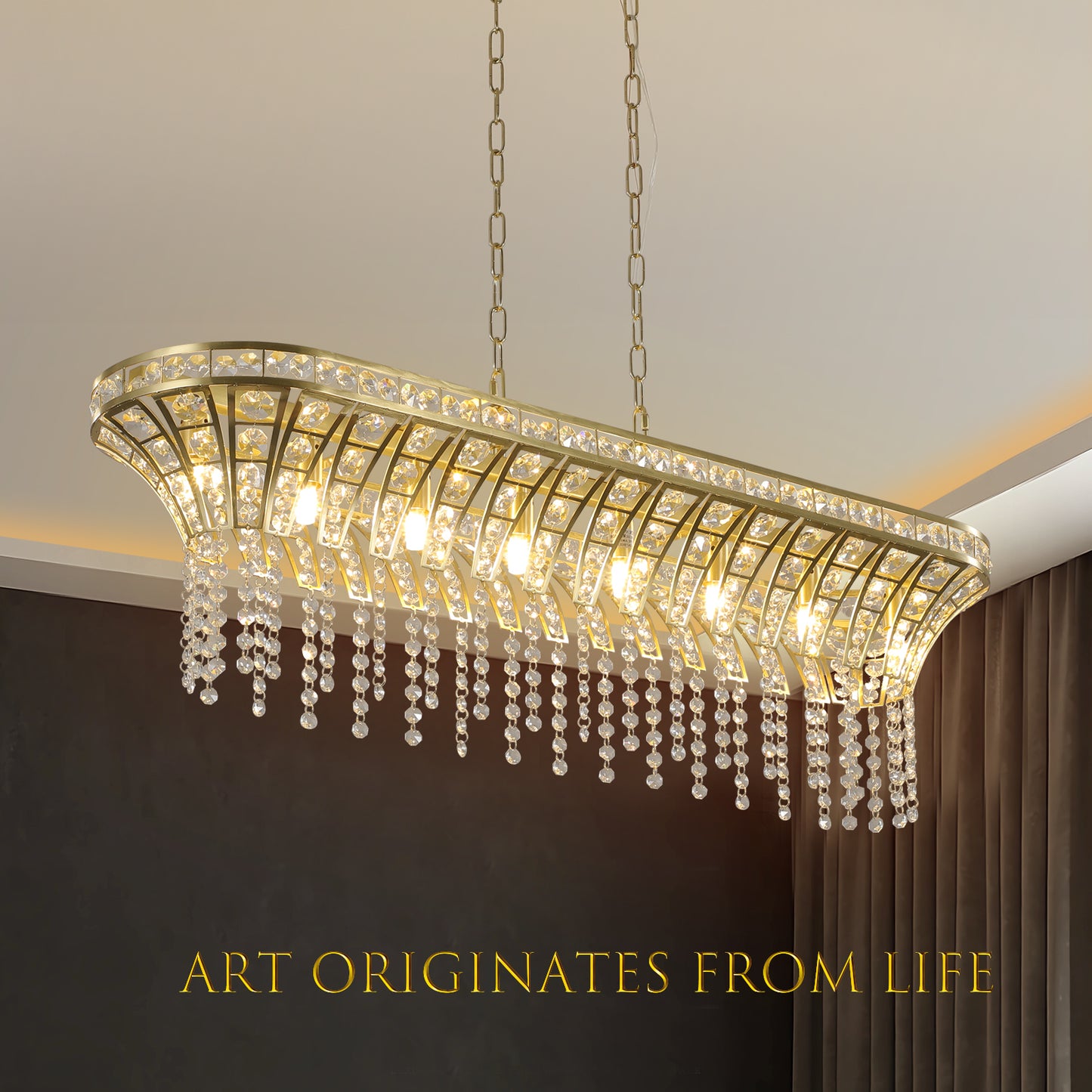 39-Inch Modern Crystal Pendant Light with Gold Finish for Living Room & Dining