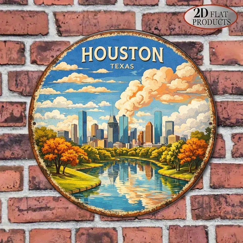 Vintage Houston Texas Cityscape Round Wall Sign - 8x8in