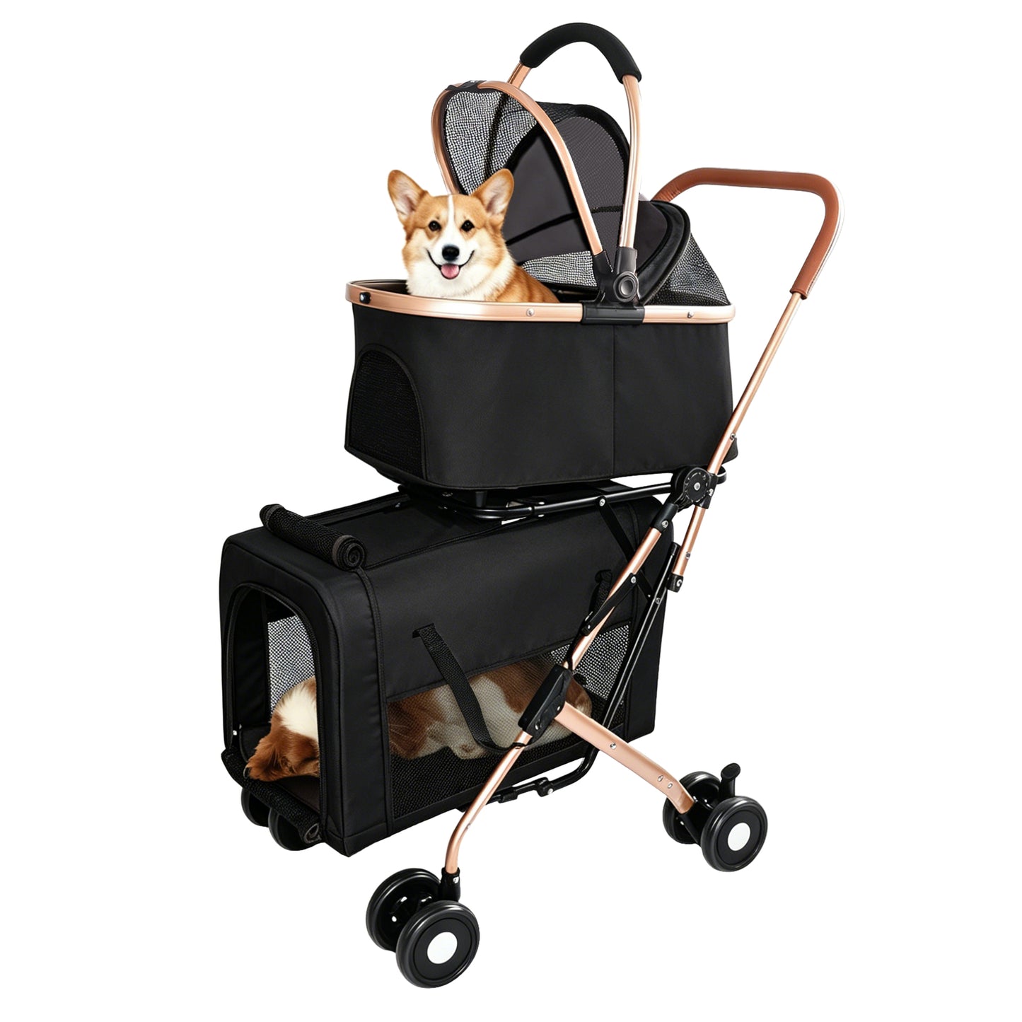 Pet Stroller with Guardrails for Small and Medium Pets - Foldable, 3-in-1 Design, Shockproof Wheels, Safety Leashes, Black