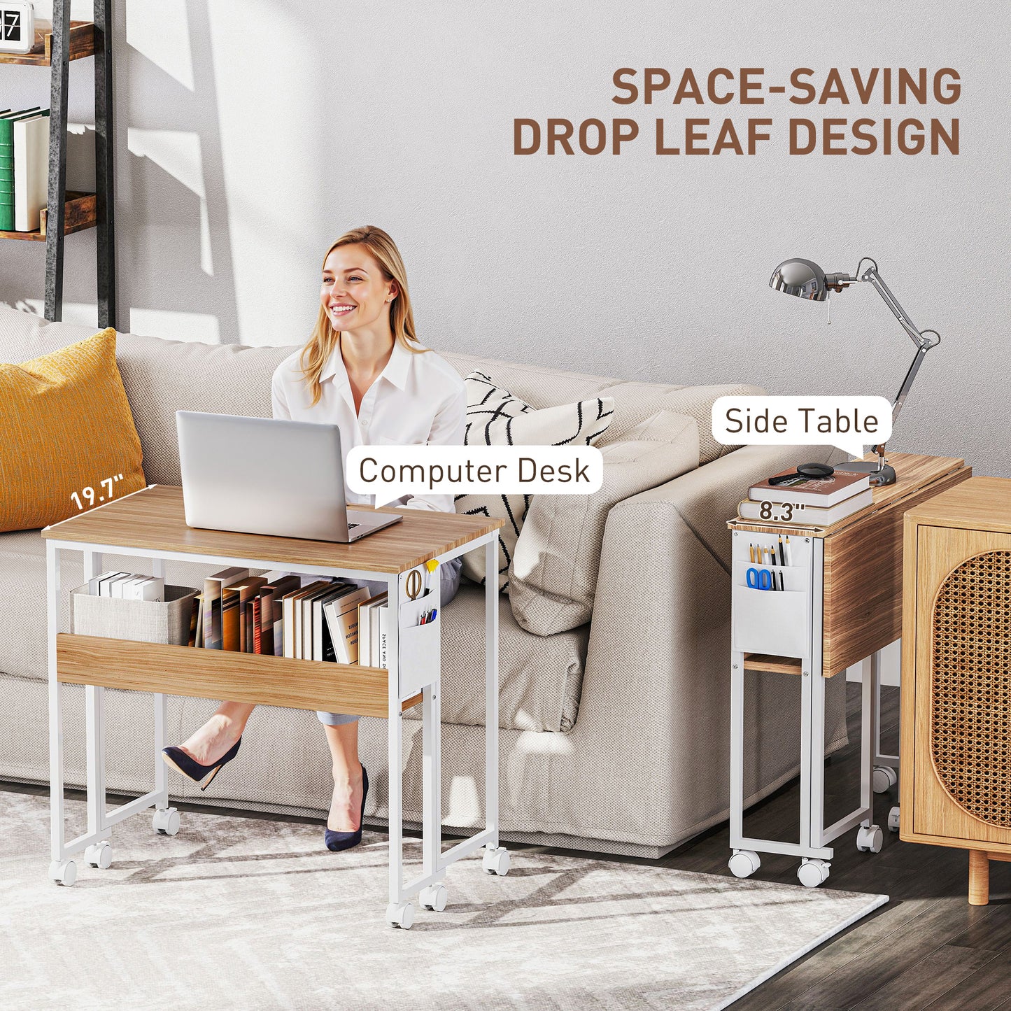 Foldable Computer Desk with Storage and Wheels - Natural Wood