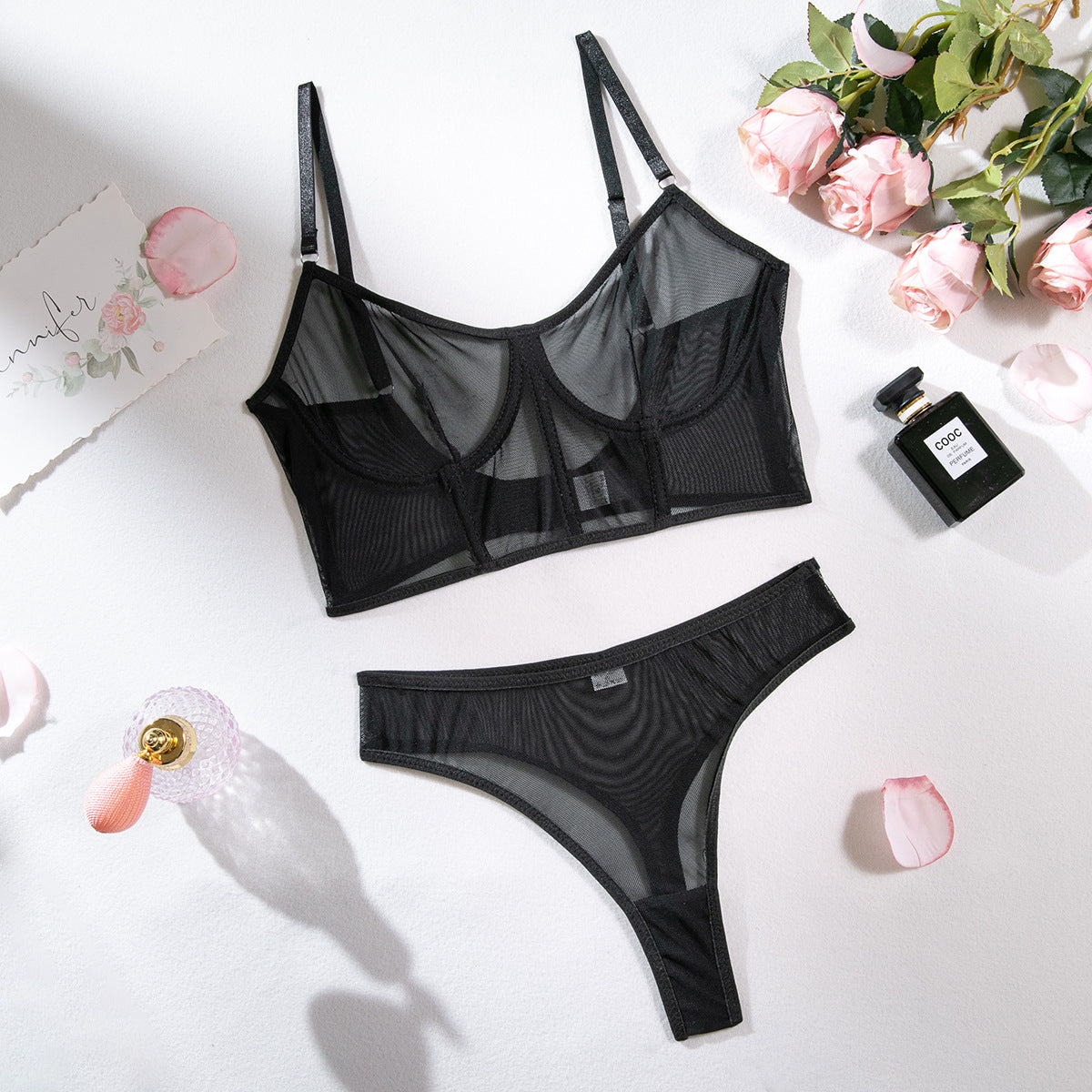 Women's Mesh Push-Up Underwear Set with Contrast Color Fishbone Design