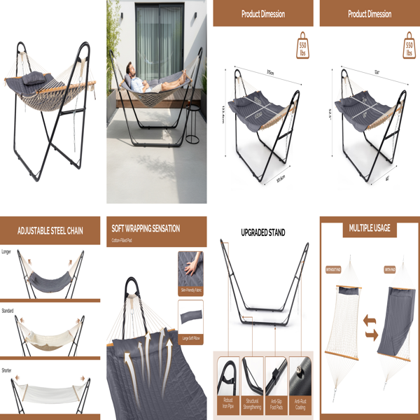 Heavy Duty Adjustable Hammock Set with Stand - Gray
