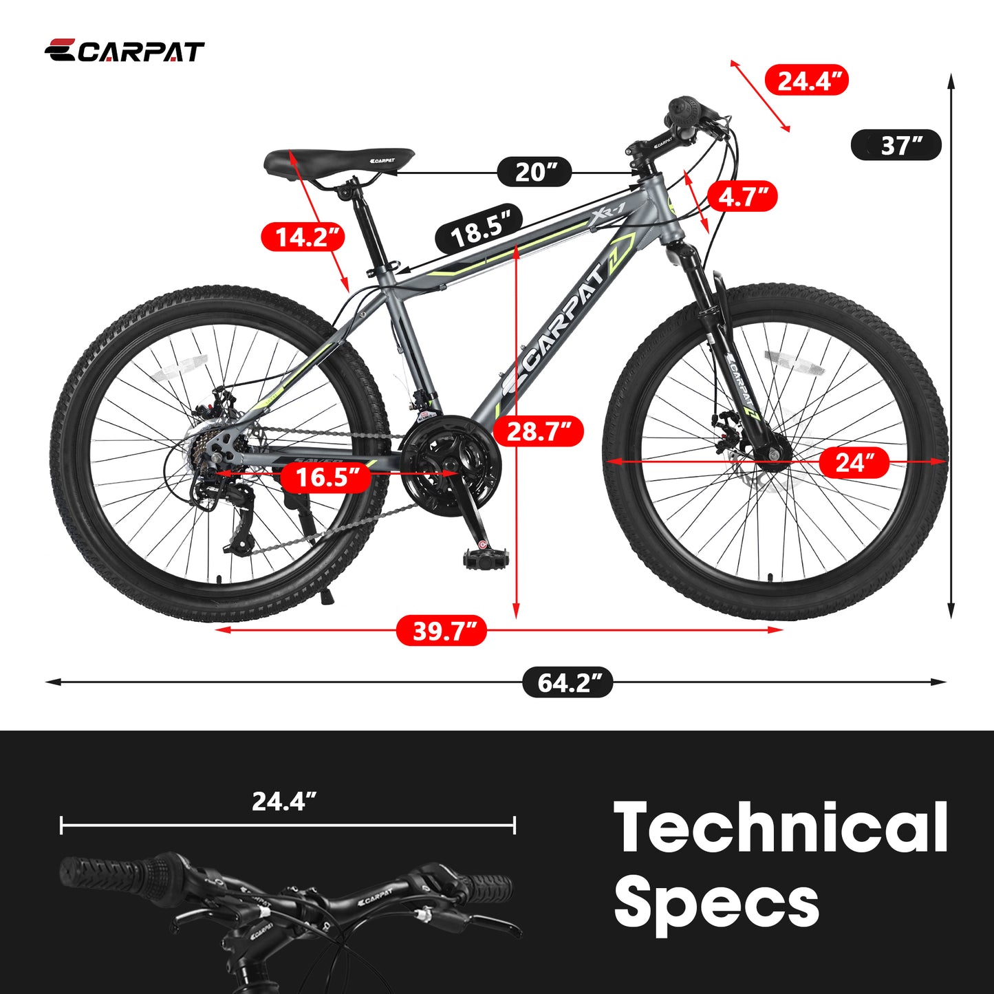 24 Inch Mountain Bike for Boys & Girls - Shimano 21 Speed, Dual Disc Brakes