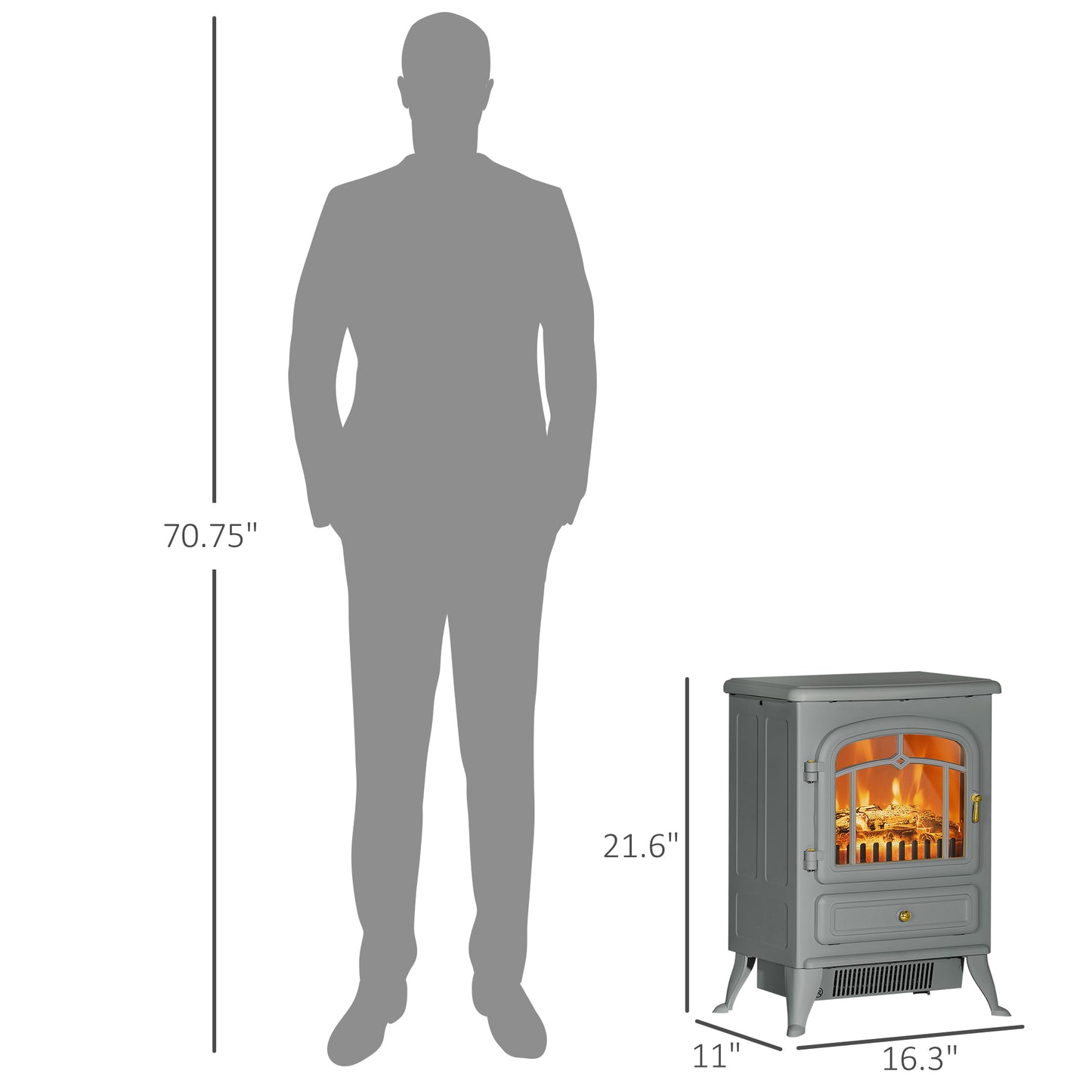 Electric Fireplace Heater with Realistic LED Flames, Logs, 725W/1450W - Gray