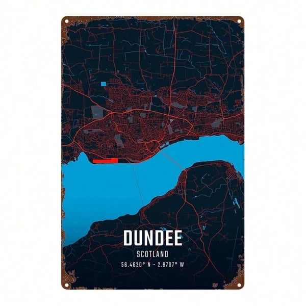 Dundee City Map Metal Sign - Rustic Wall Art Decor 8x12 Inch