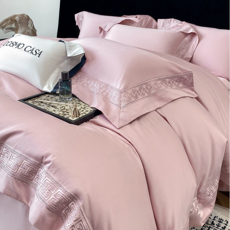 Double-Ply Cotton Bedding Set with Embroidered Geometric Pattern - Four Pieces