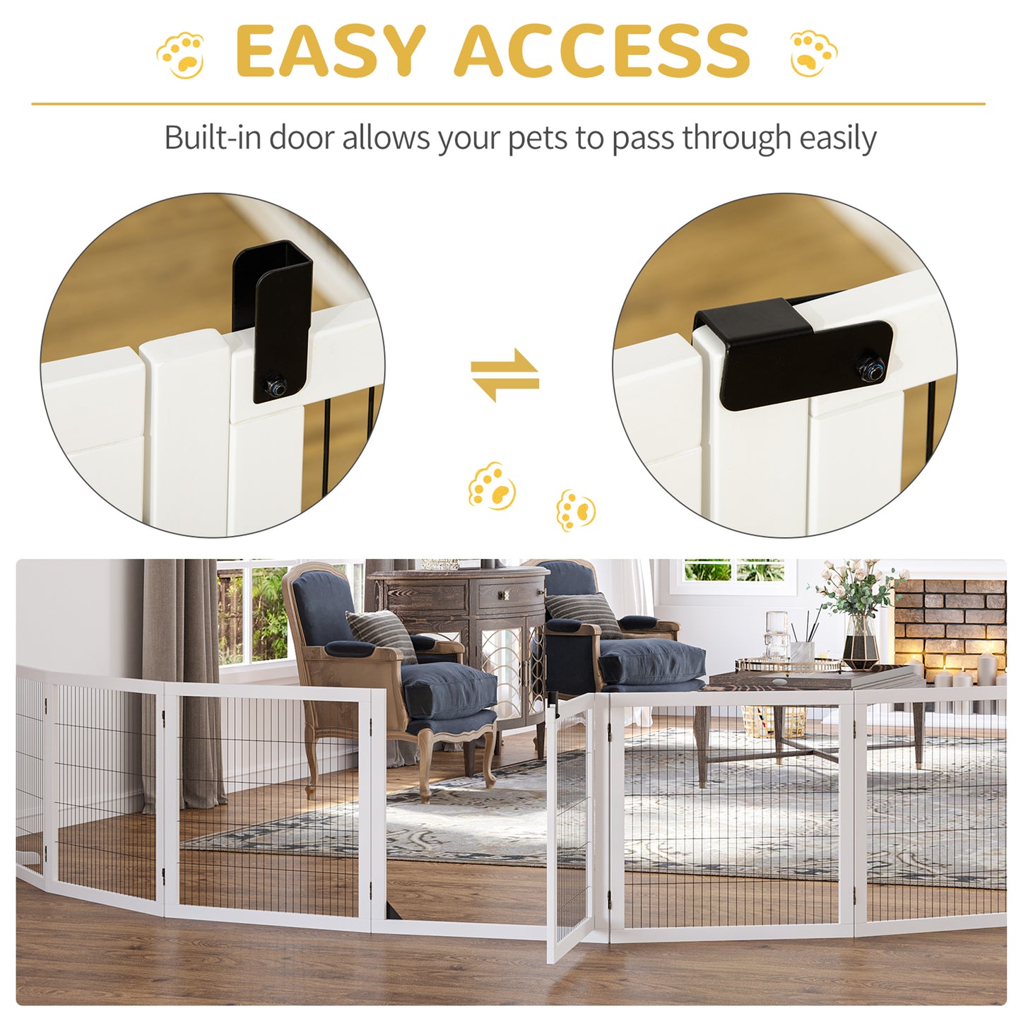 Wooden 6-Panel Pet Gate for Small & Medium Dogs - White, Foldable Safety Barrier