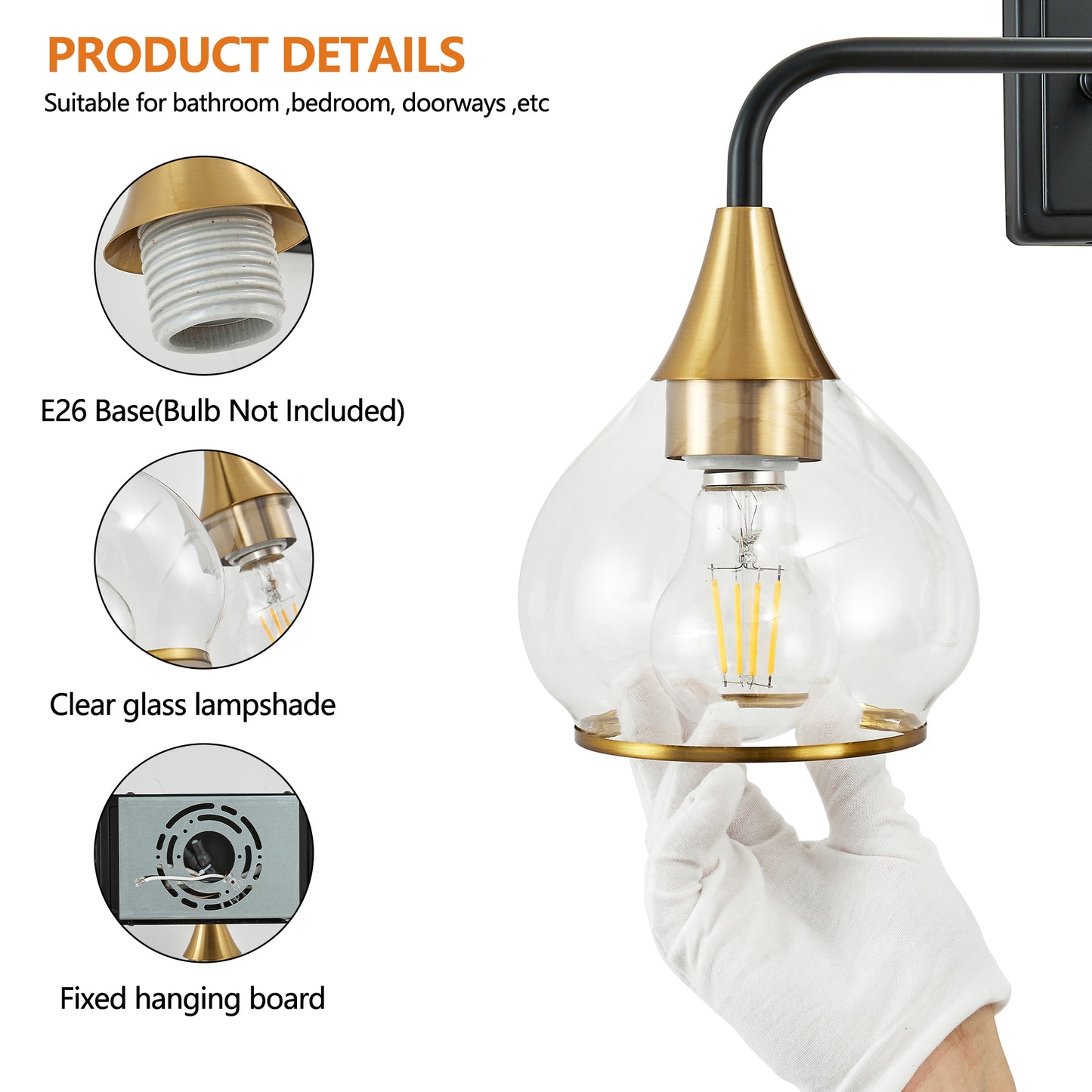 Modern 23in Black and Gold Wall Sconce with Clear Glass Shades - Vanity & Bathroom Light Fixture