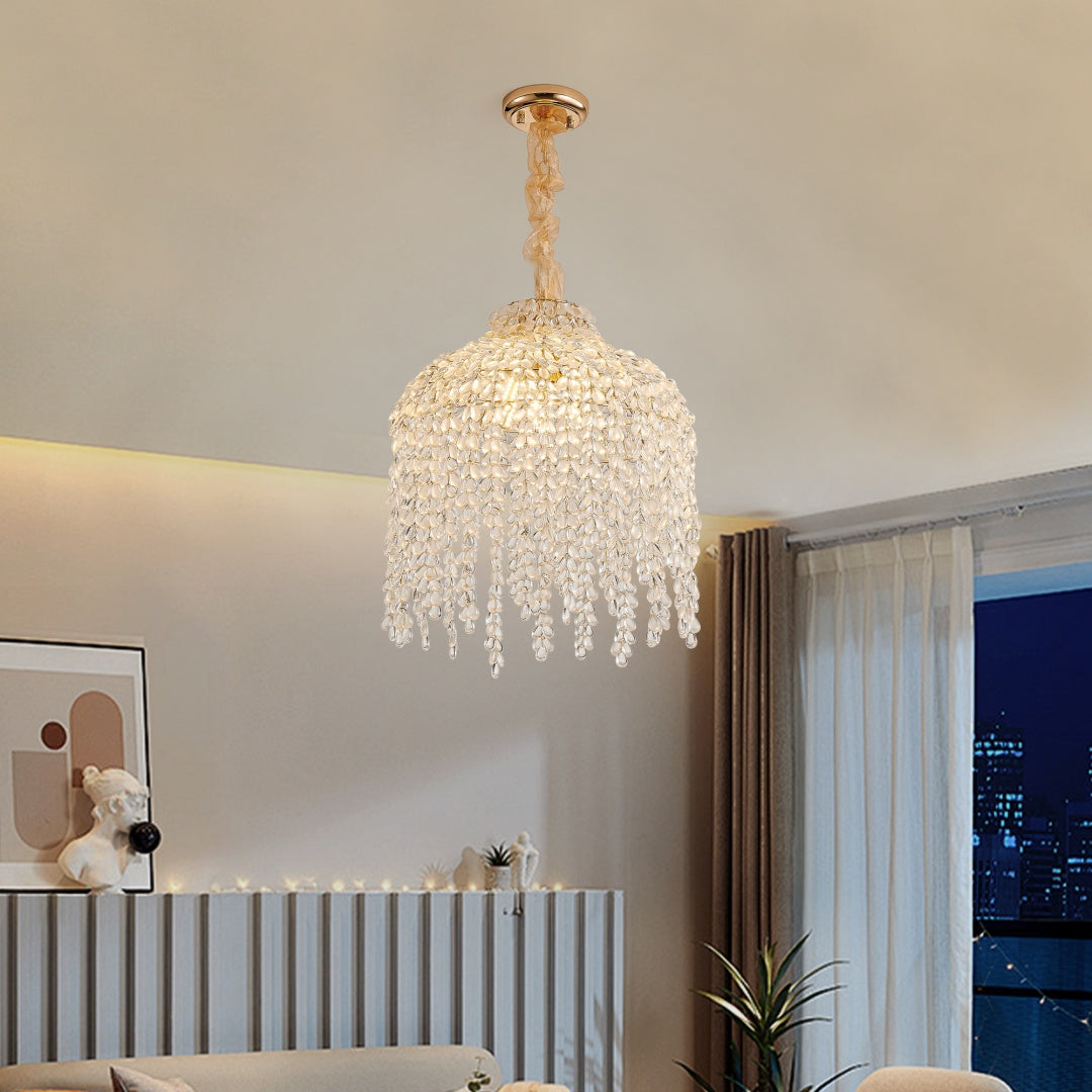 16 Inch Crystal Pendant Light Chandelier with Waterfall Design & Gold Finish