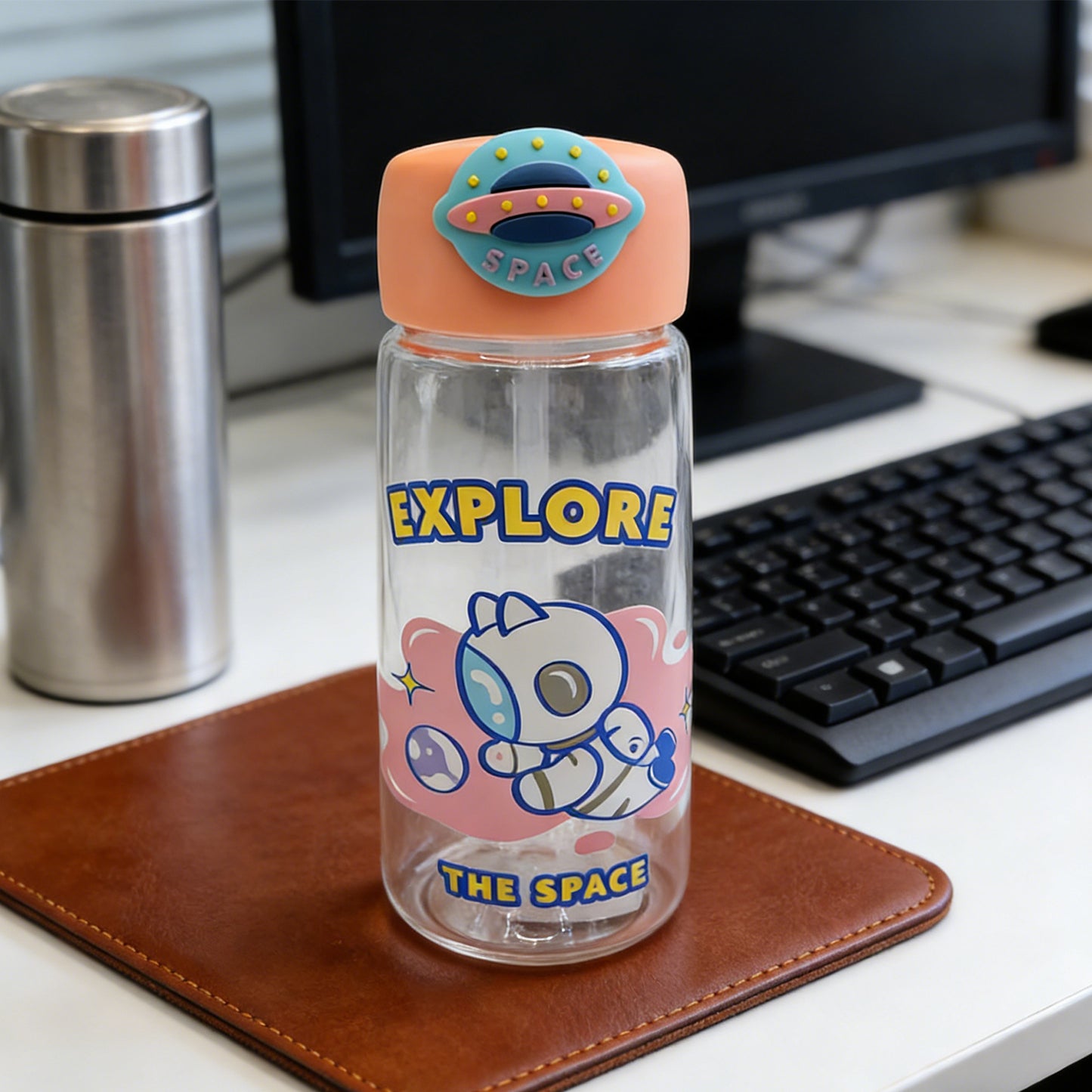 Astronaut Cat Plastic Water Bottle - 400ml Pink