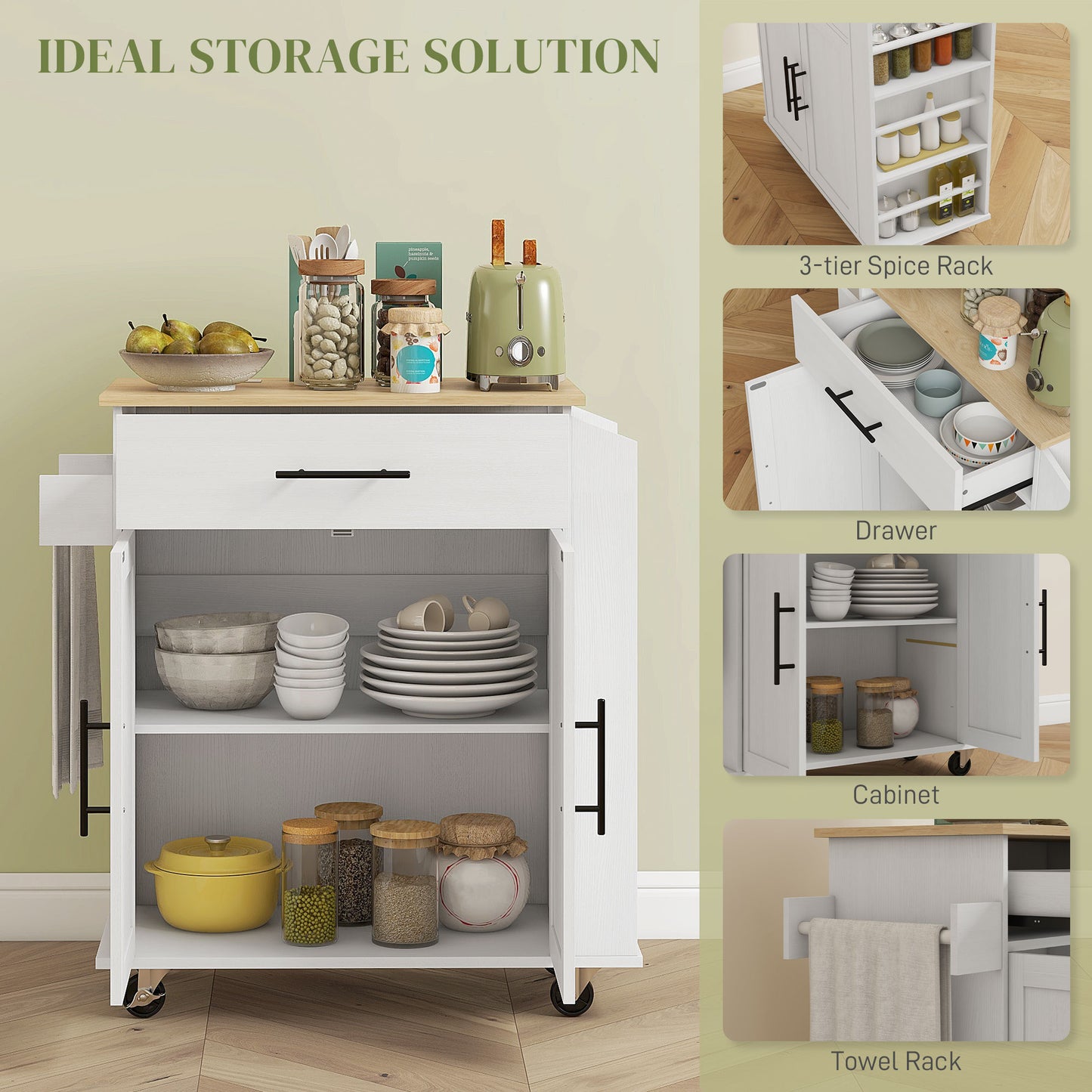 Rolling Kitchen Island with Wheels, Power Outlets & Storage - White