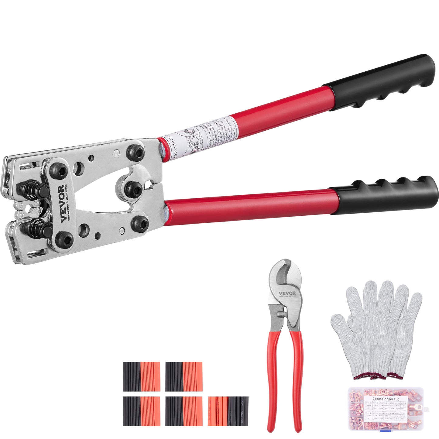 Crimping Tool Kit with 6 Die Sizes, Copper Ring Connectors & Heat Shrink Tubes
