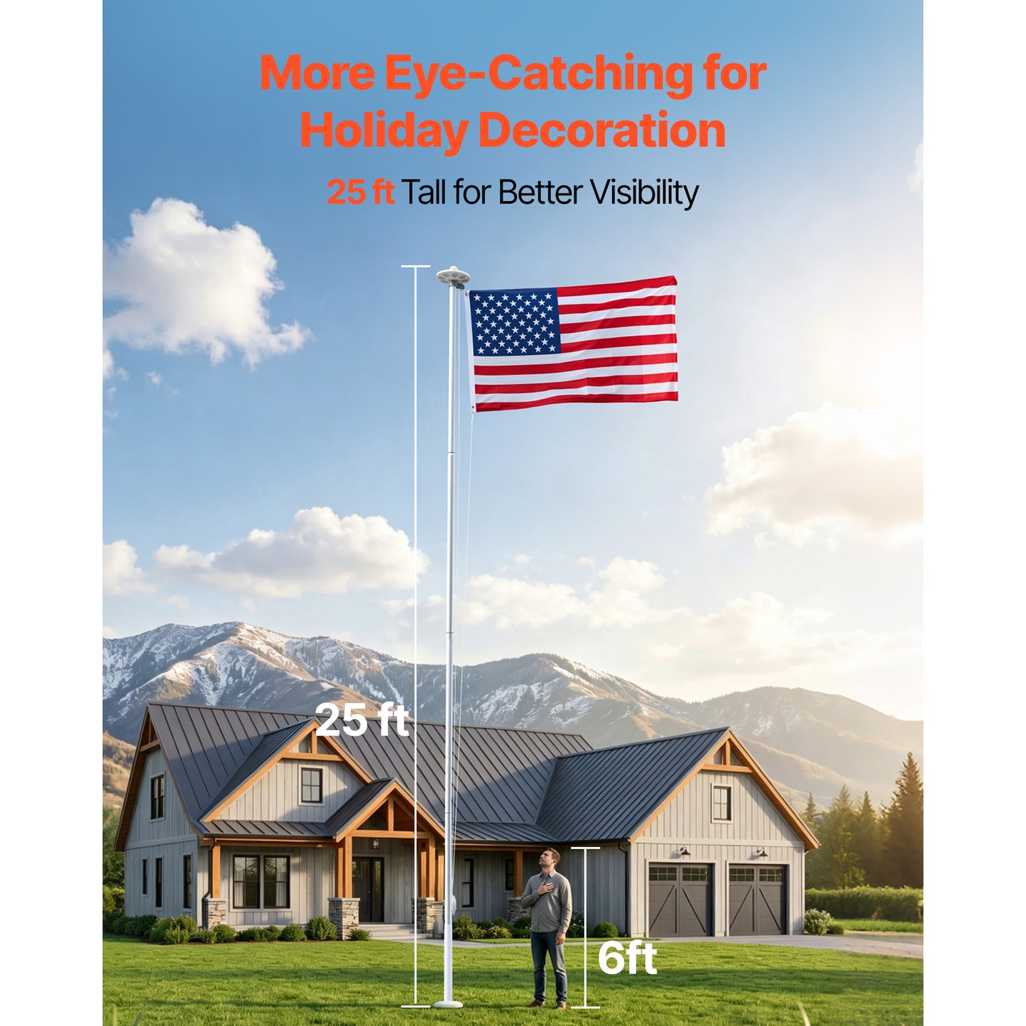 25ft Heavy Duty Aluminum Flag Pole Kit with 136 LED Solar Light - Yard & Garden