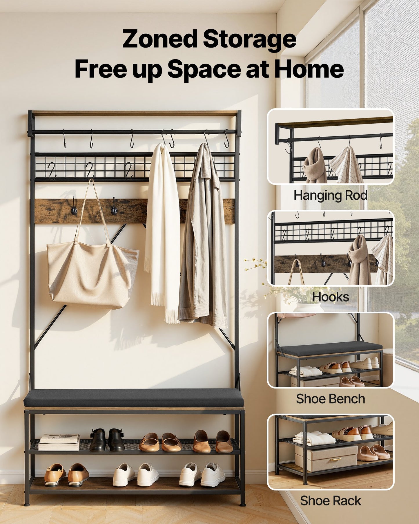 72 Inch Coat Rack with Shoe Bench and 2-Tier Shoe Storage - Freestanding Entryway Organizer, Hooks & Hanging Rod, Steel Frame, Black