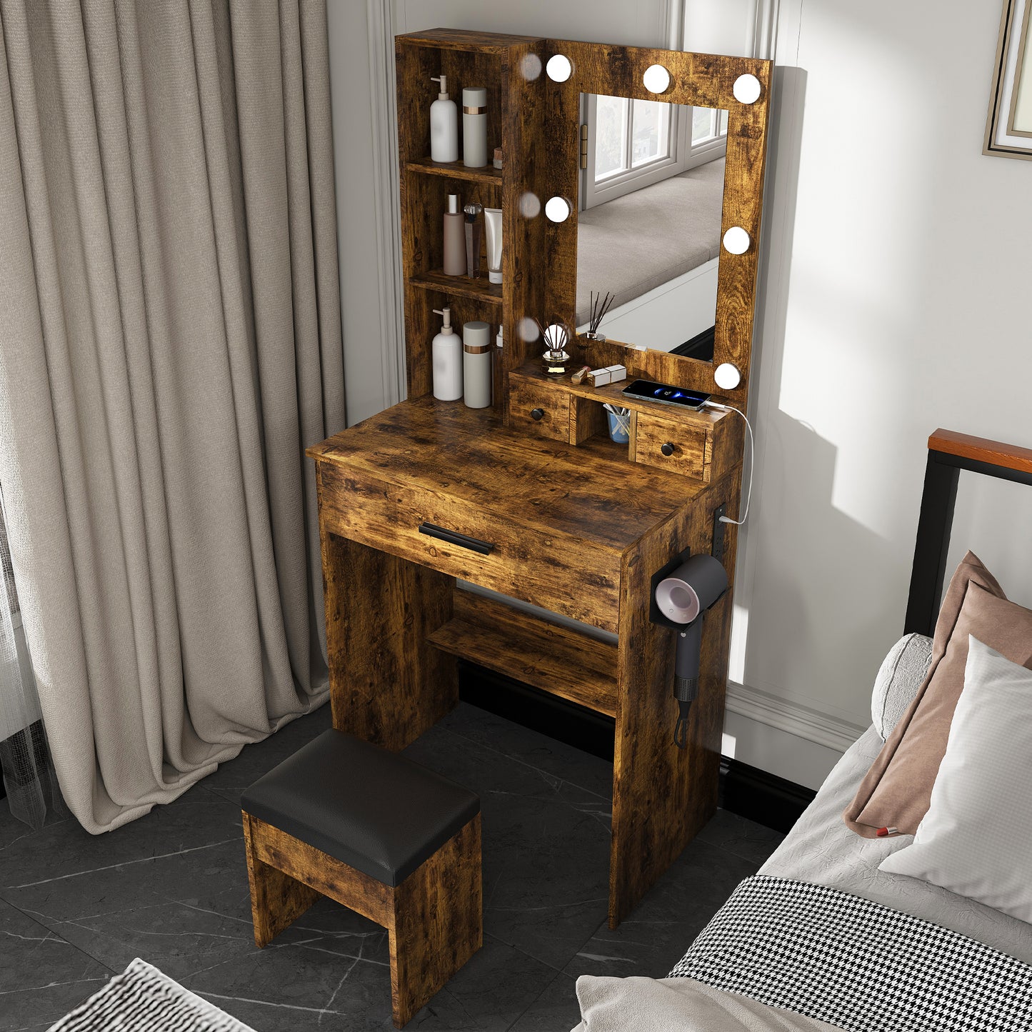 Vanity Table With Mirror & Adjustable LED Lights, Power Outlet,