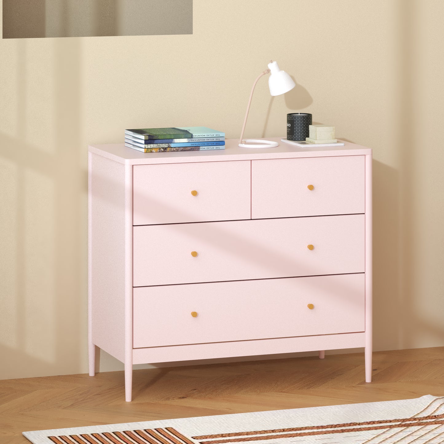 Pink 4-Drawer Wooden Kids Dresser - Modern Storage Cabinet