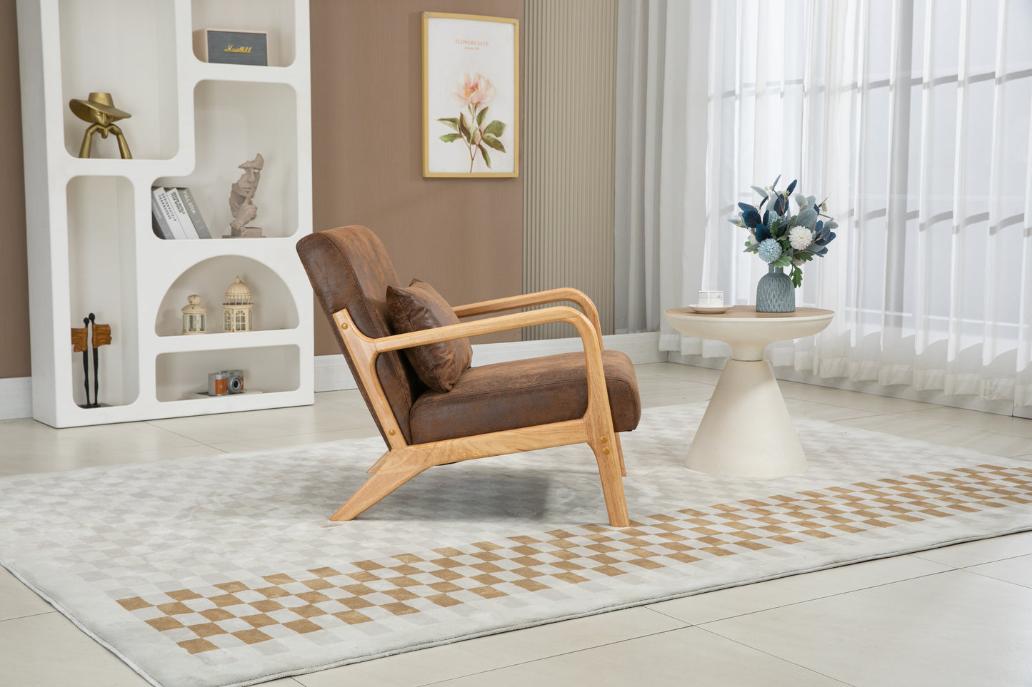 Mid Century Modern Accent Chair - Upholstered Wood Frame, Antique Brown