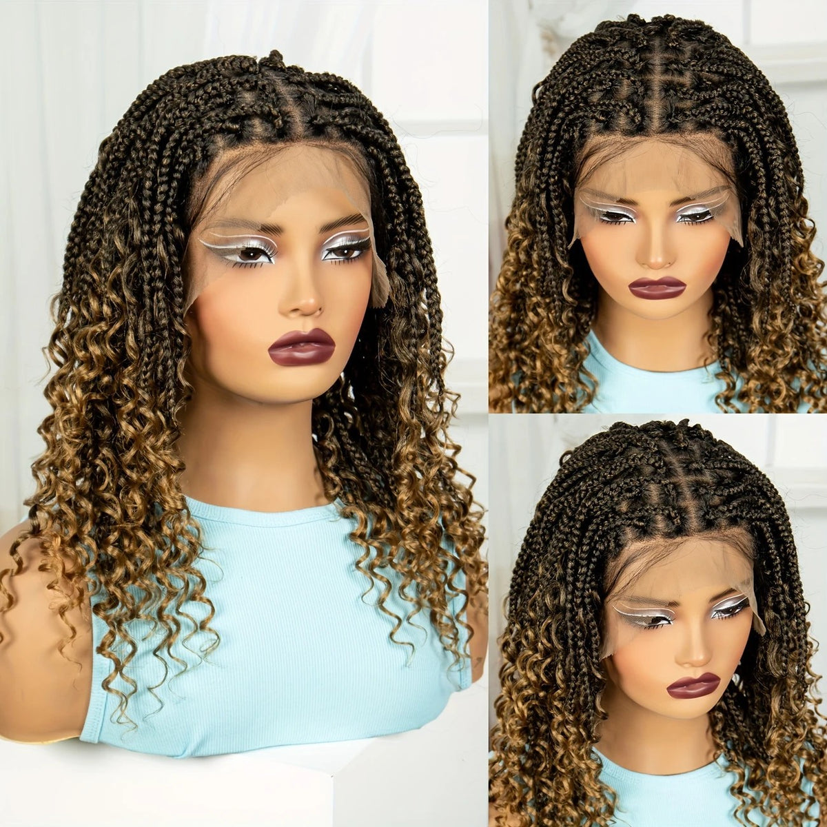 Three-Strand Braid Full Lace Synthetic Wig for Women - Long Curly Hair with Side Bangs