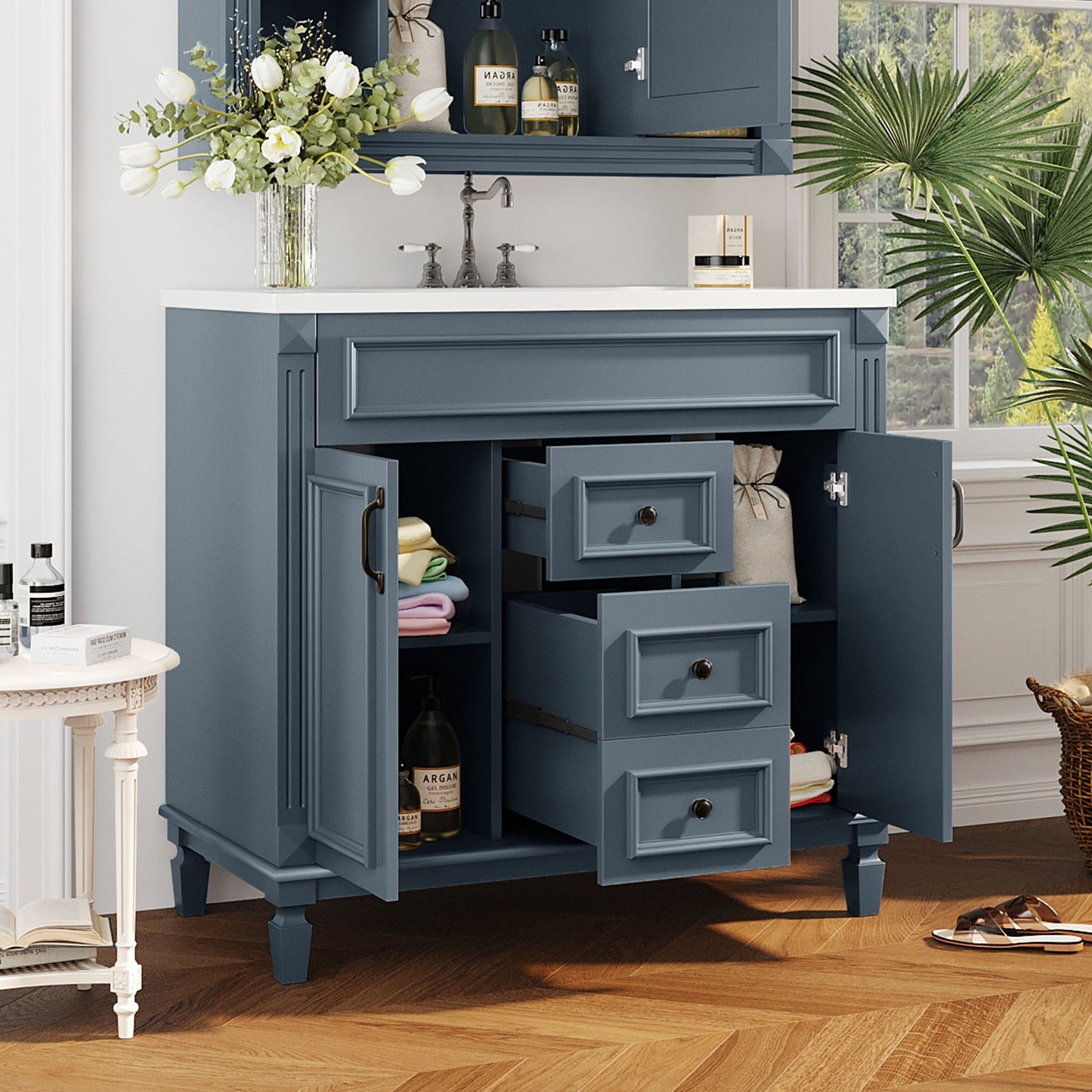 36-Inch Blue Bathroom Vanity with Top Sink & Soft Closing Doors