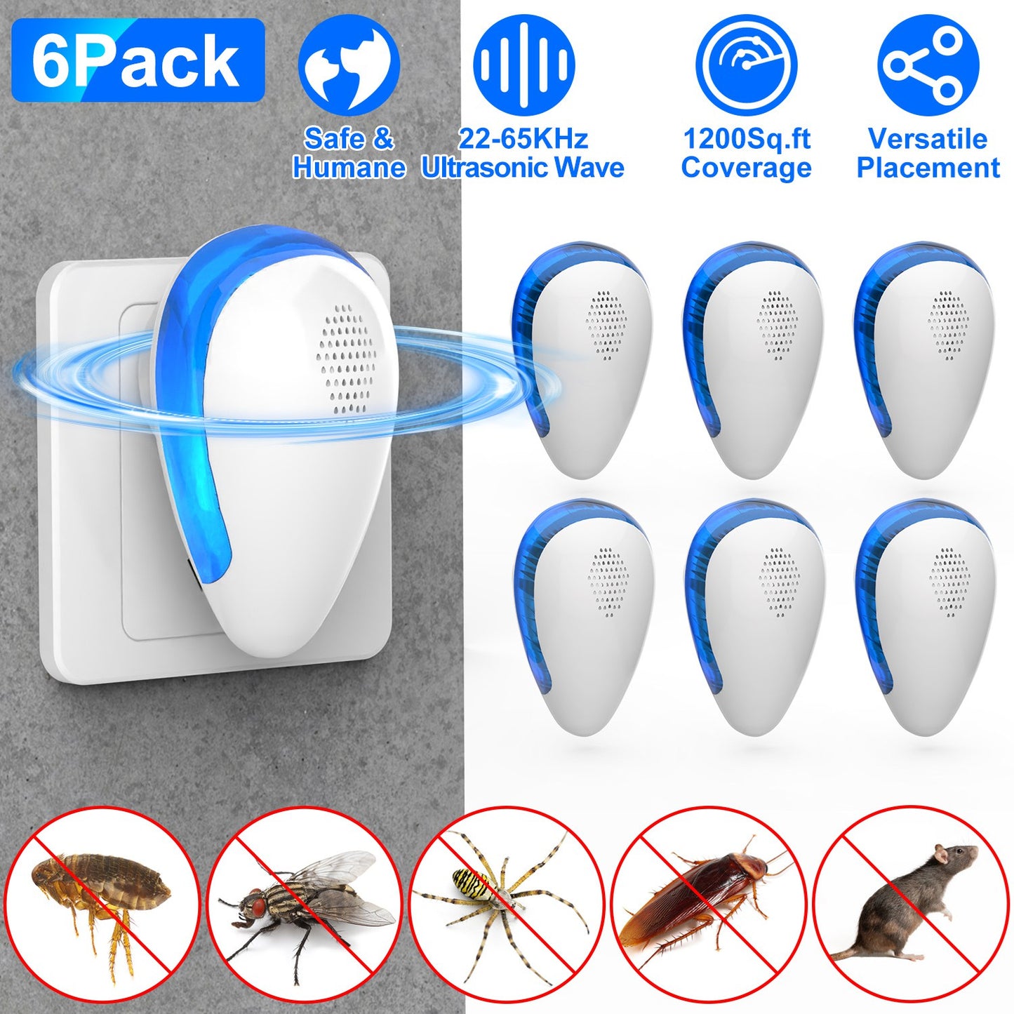 Ultrasonic Pest Repeller - 6 Pack Indoor Bug Control