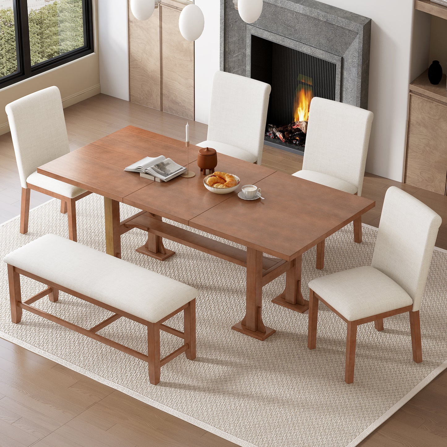 Farmhouse 6-Piece Extendable Dining Table Set with Upholstered Chairs & Bench - Brown Ivory