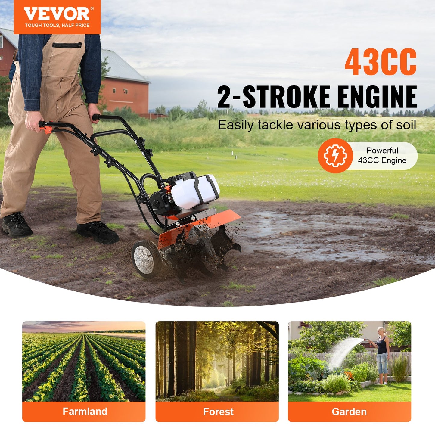 Garden Tiller Cultivator 43CC 2-Stroke with Adjustable Tines, Orange