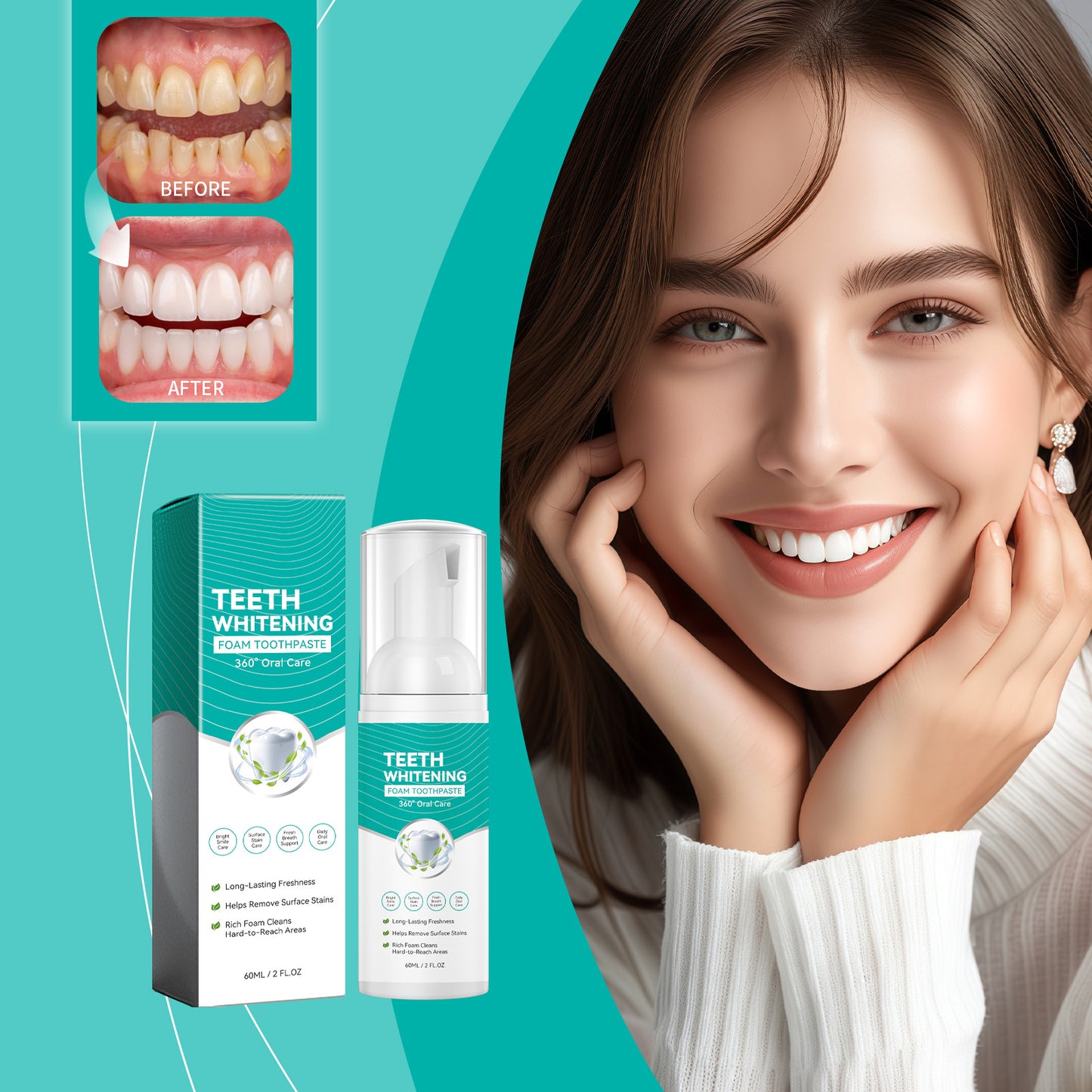 Whitening Foam Toothpaste 60ml - Fresh Breath & Surface Stain Removal