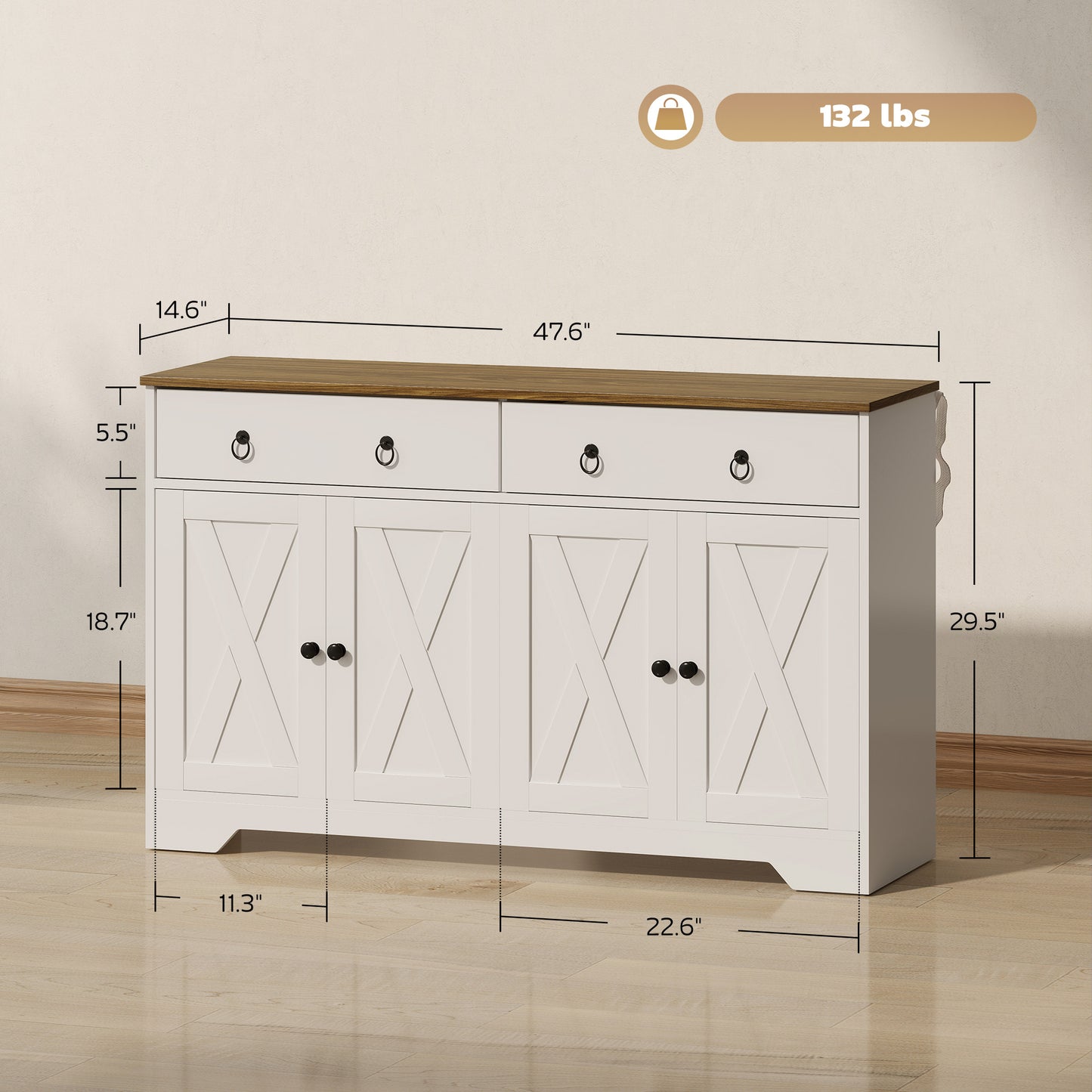 Farmhouse Kitchen Storage Sideboard with Barn Doors - White