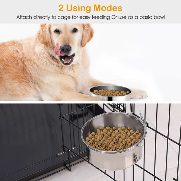 Stainless Steel Hanging Pet Food & Water Bowl with Clamp Holder - Medium
