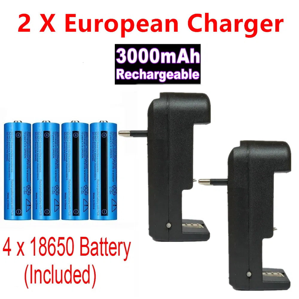 Rechargeable 3000mAh 3.7V Li-Ion Batteries with European Charger for Flashlights & Devices — Pack of 2 or 4