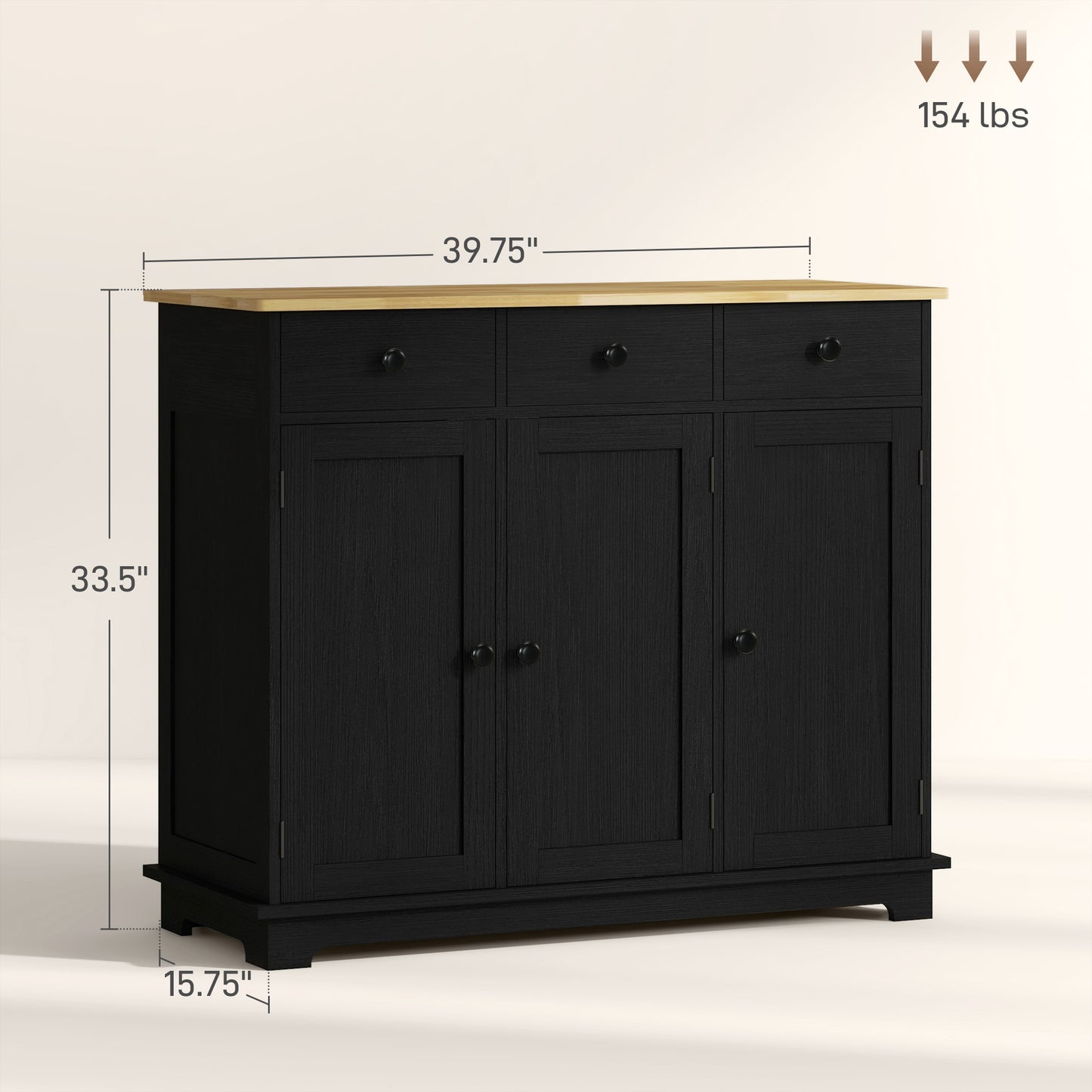Kitchen Storage Cabinet with Solid Wood Top, 3 Drawers, Black