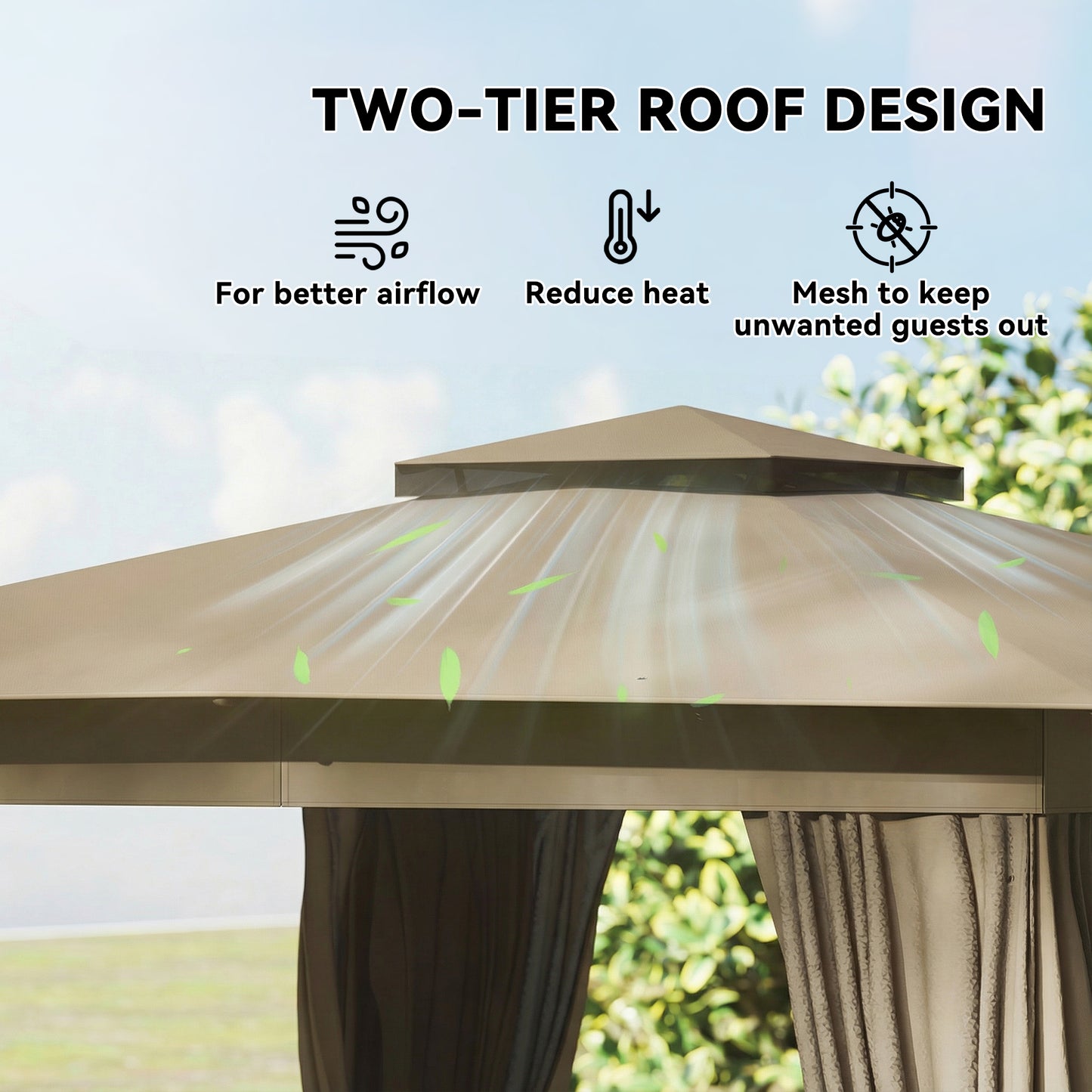 Outdoor Patio Gazebo with Double-Tier Roof - Khaki