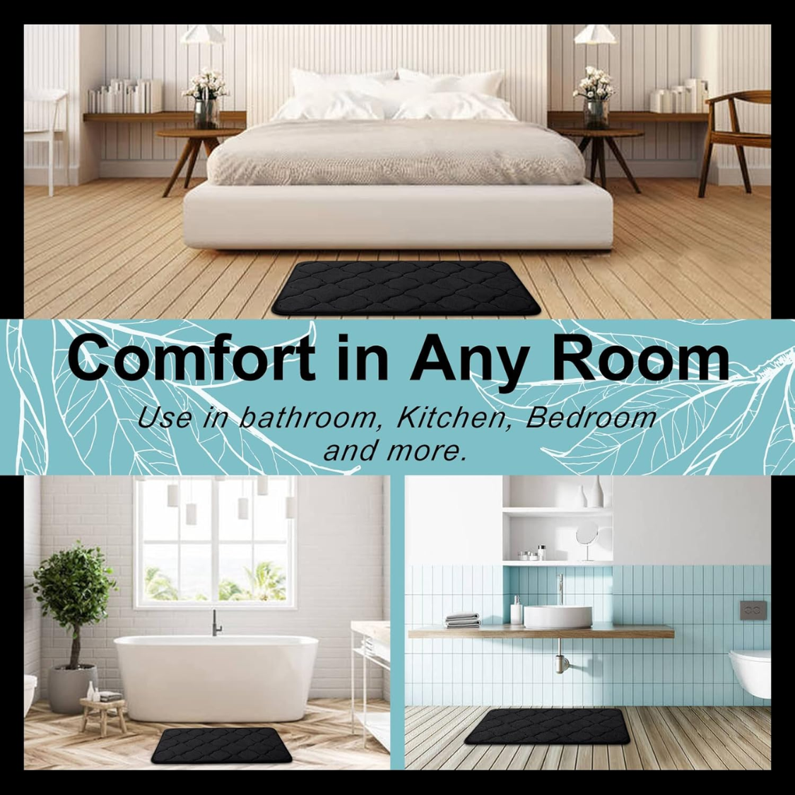 Memory Foam Bath Mat - Ultra Soft, Non-Slip, Machine Washable - Black
