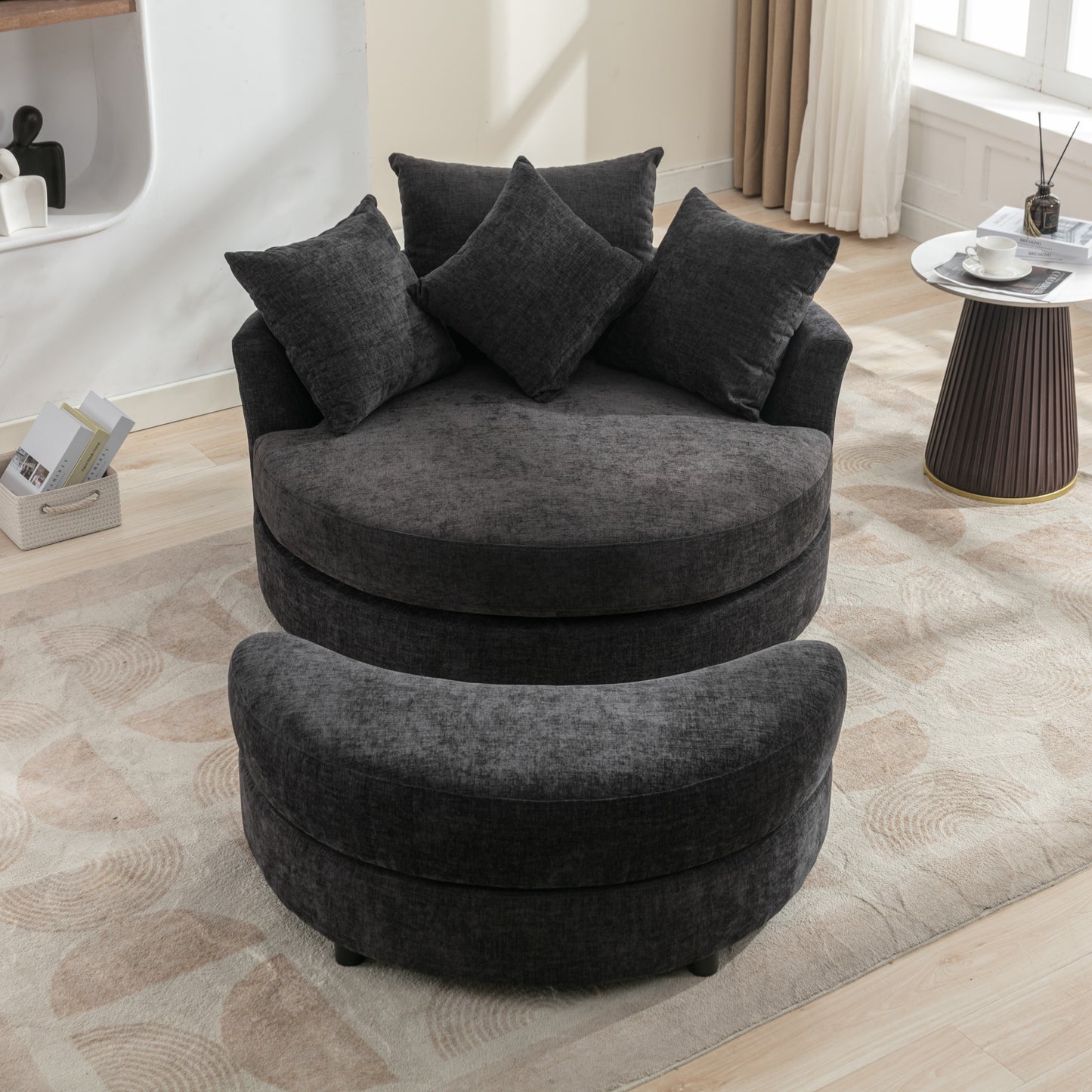 360° Swivel Accent Barrel Chair with Storage Ottoman & 4 Pillows - Gray