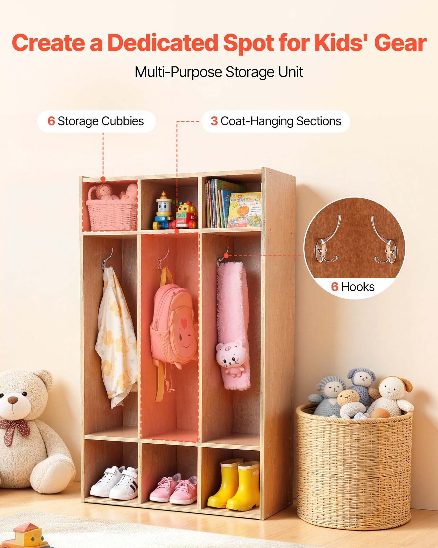 Kids Wooden Coat Locker with 6 Hooks & Storage Cubbies - Toddler Organizer