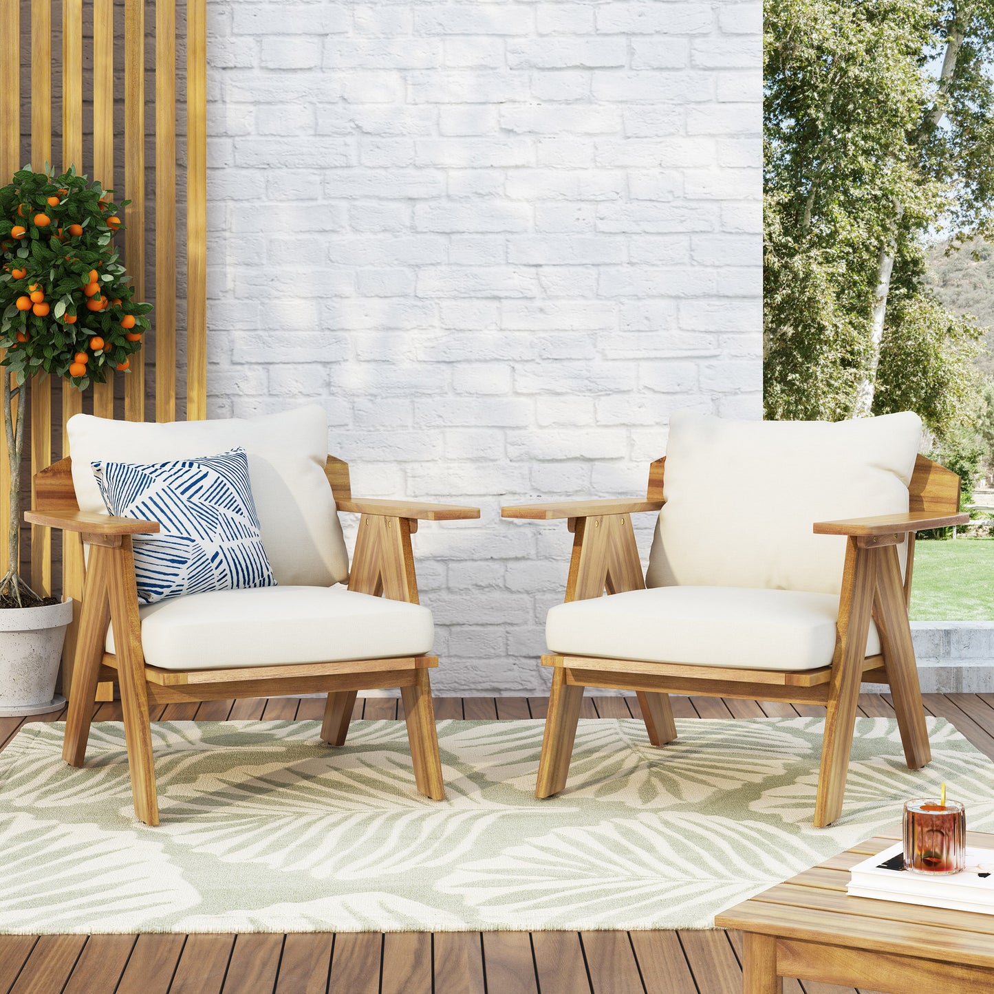 Outdoor Acacia Wood Club Chairs With Cushions Set Of 2 , Teak Finish