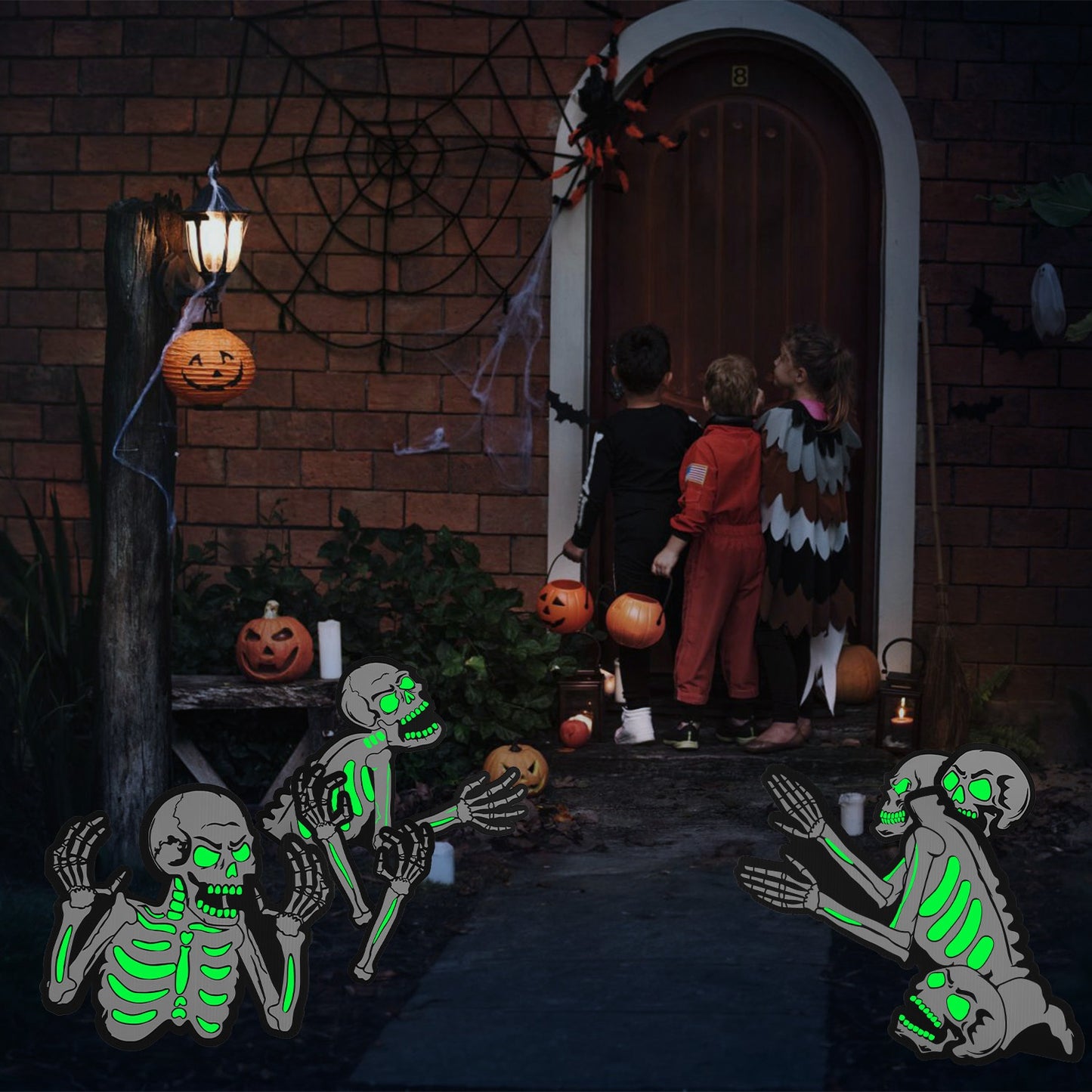 Glow In The Dark Halloween Yard Sign Set - 6 Pcs Skeleton & Cat