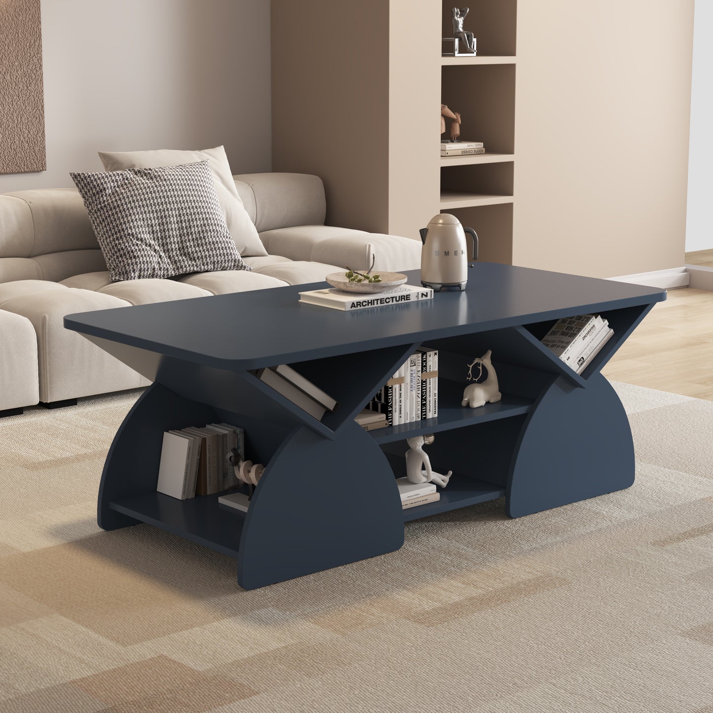 Engineered Wood Rounded Corner Rectangular Coffee Table For Living
