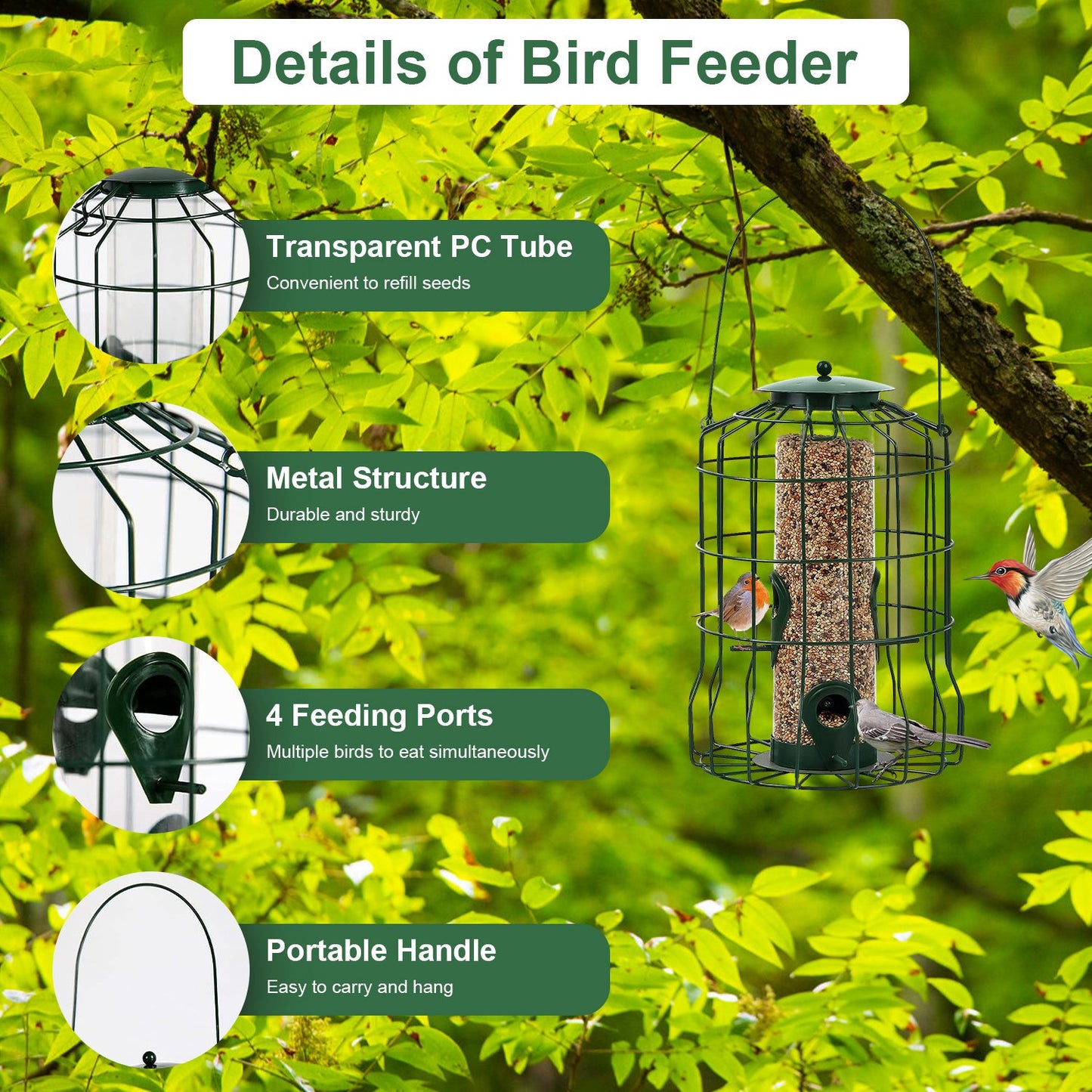 Outdoor Squirrel-Proof Bird Feeder with 4 Feeding Ports - Green