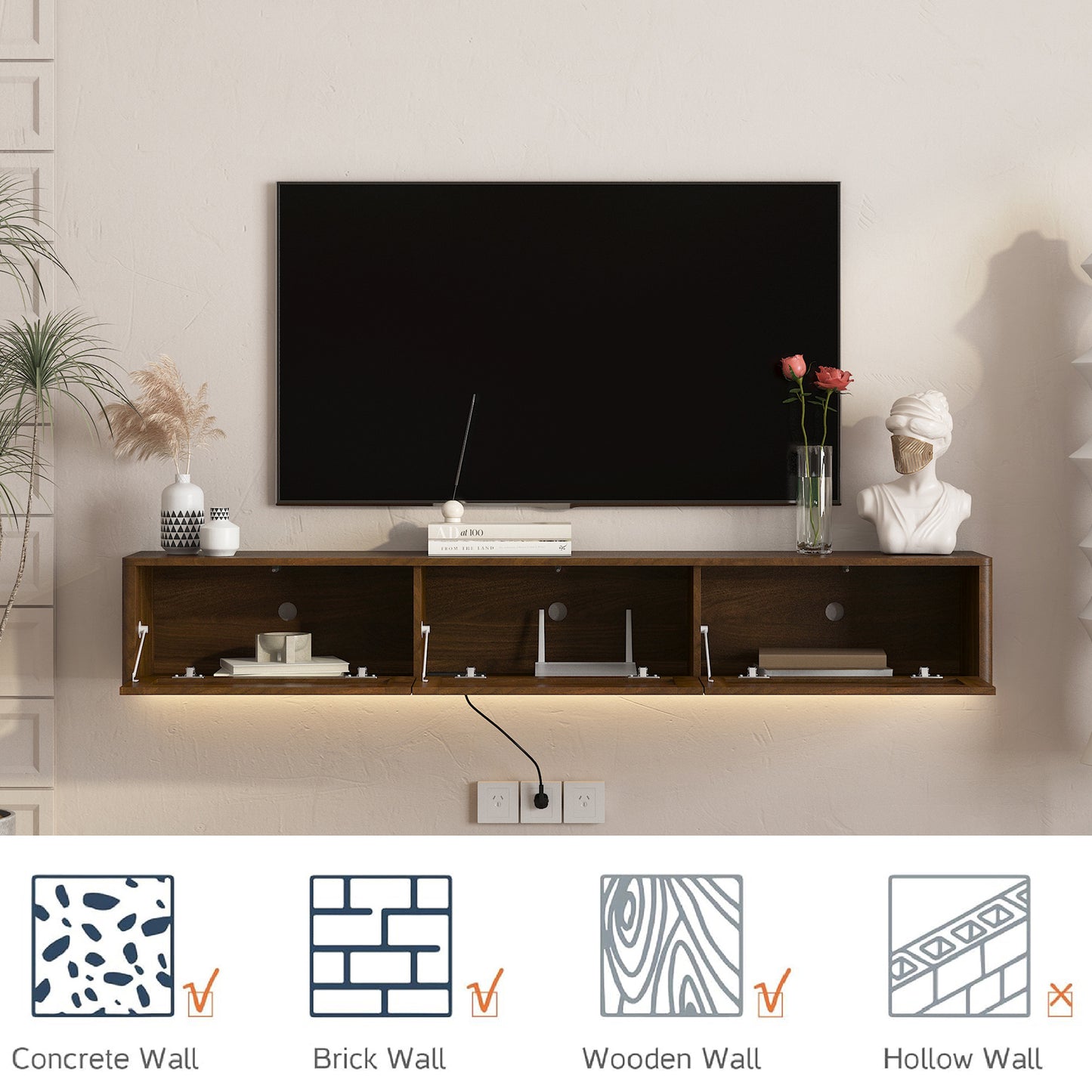 Floating TV Stand with LED Lights & Power Outlet - Wood Finish