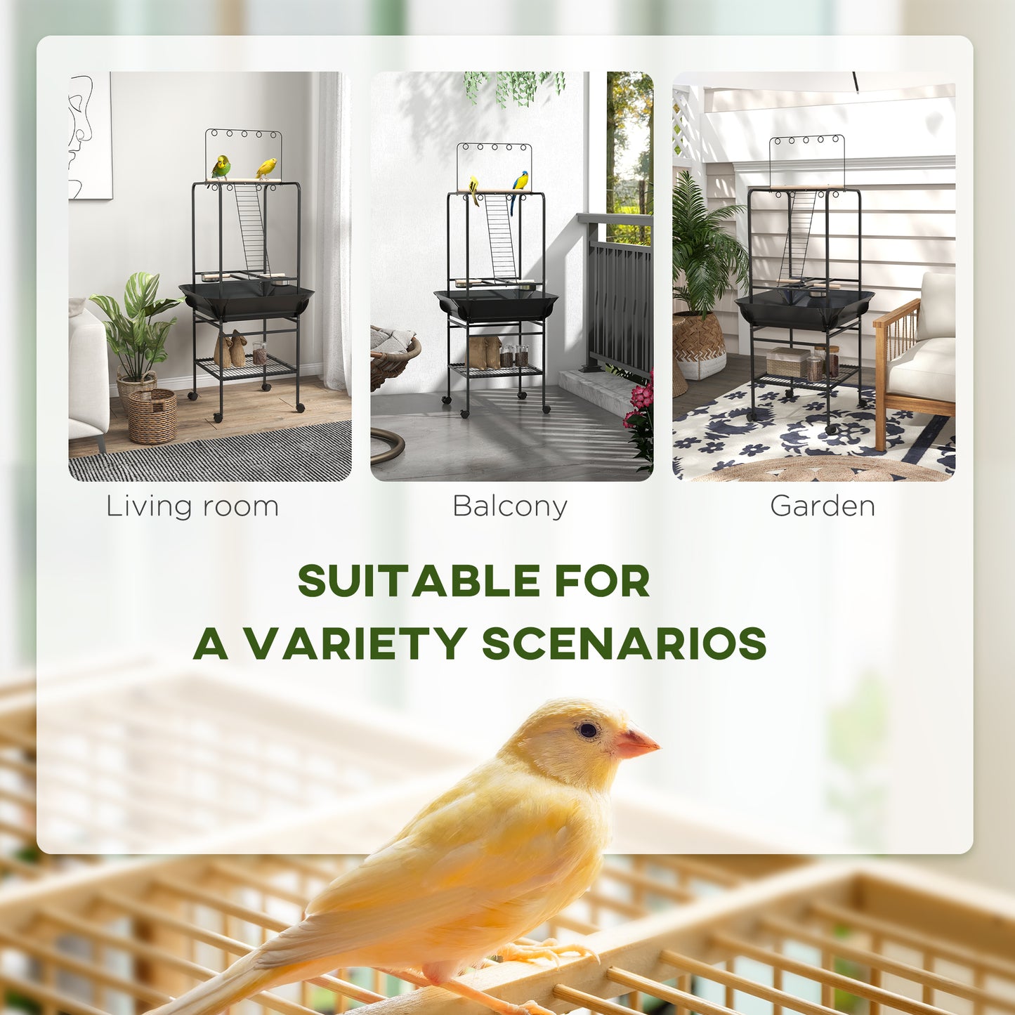 Indoor Outdoor Bird Stand with Wheels, Stainless Steel Feed Bowls & Perches - Gray